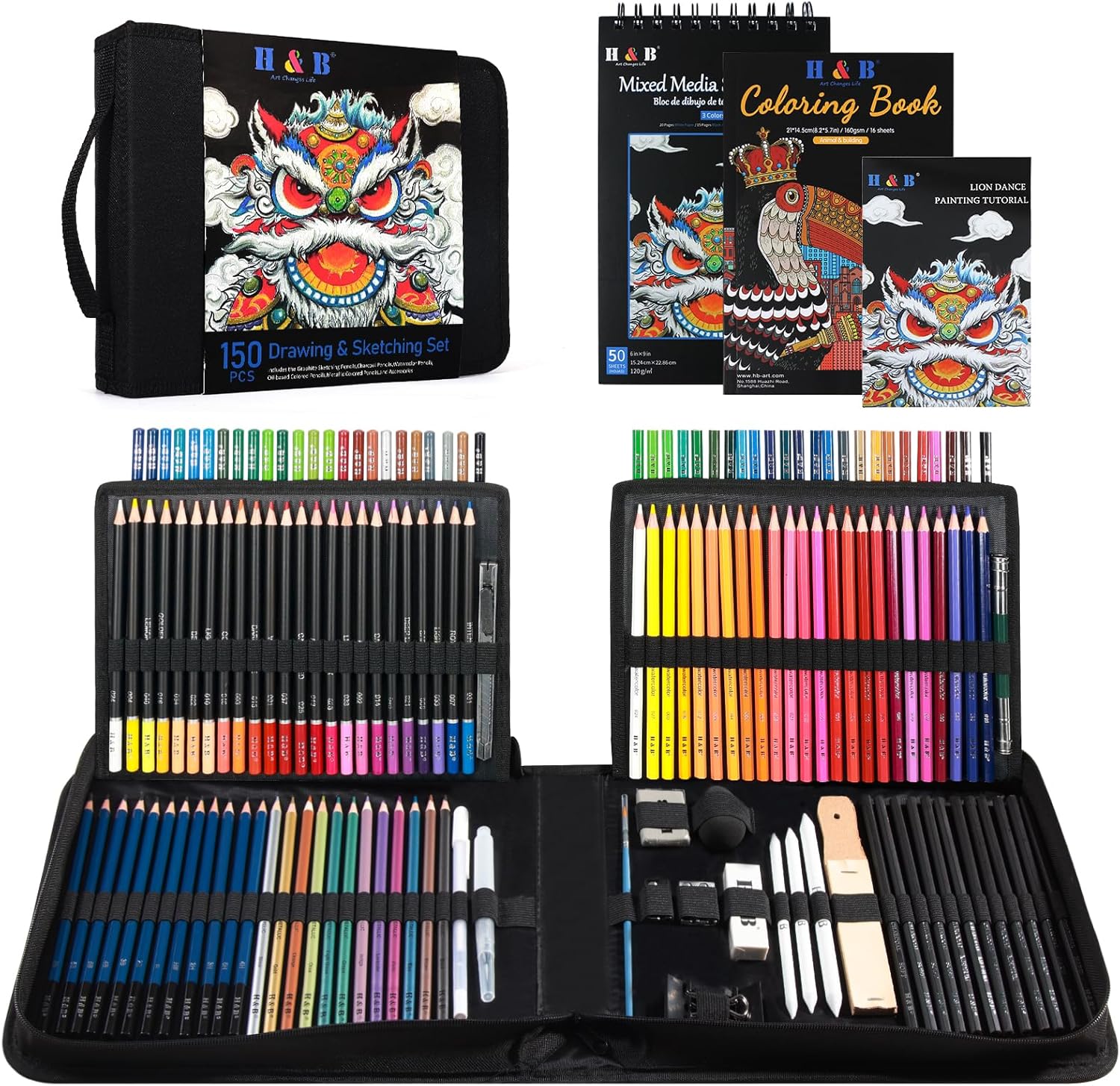 H & B 150 Colouring Pencils Set with Portable Zipper Bag Sketchpad Drawing & Art...