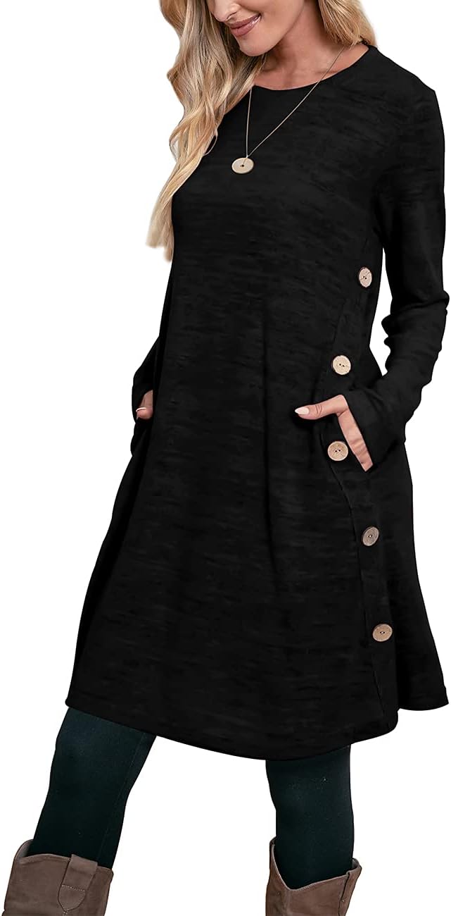 OFEEFAN Womens Long Sleeve Tunic Dres Fall Outfits with Pockets Buttons Black XX...