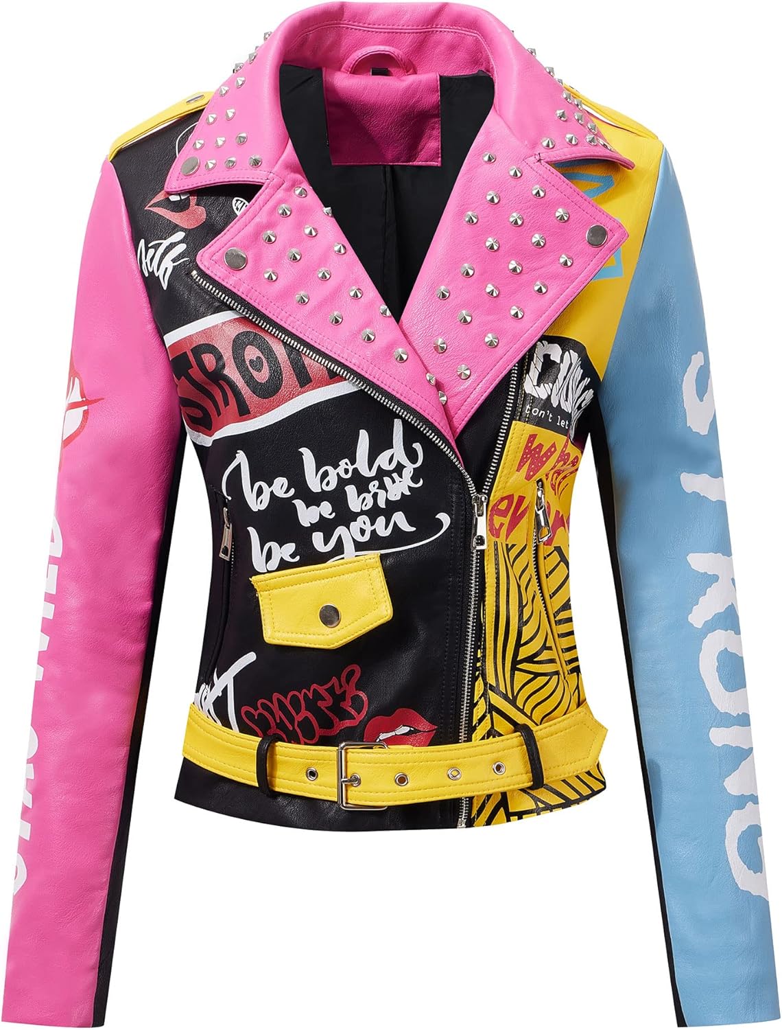 RISISSIDA Women Faux Leather Jacket Studded Rivet Spring Fall Winter Fashion, Mo...