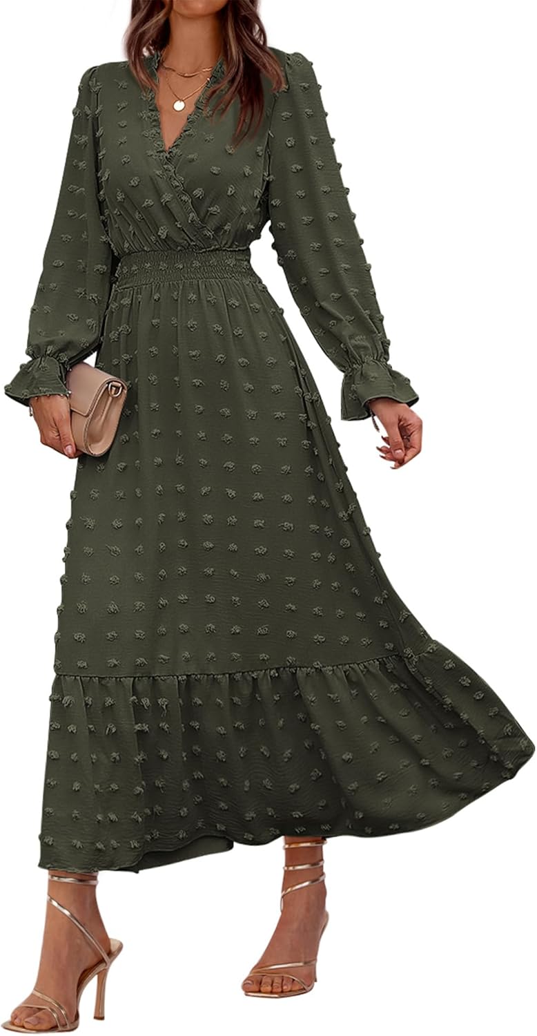 BTFBM Women Fall Dresses 2024, Special Long Sleeve V Neck Dress, Innovative Swis...