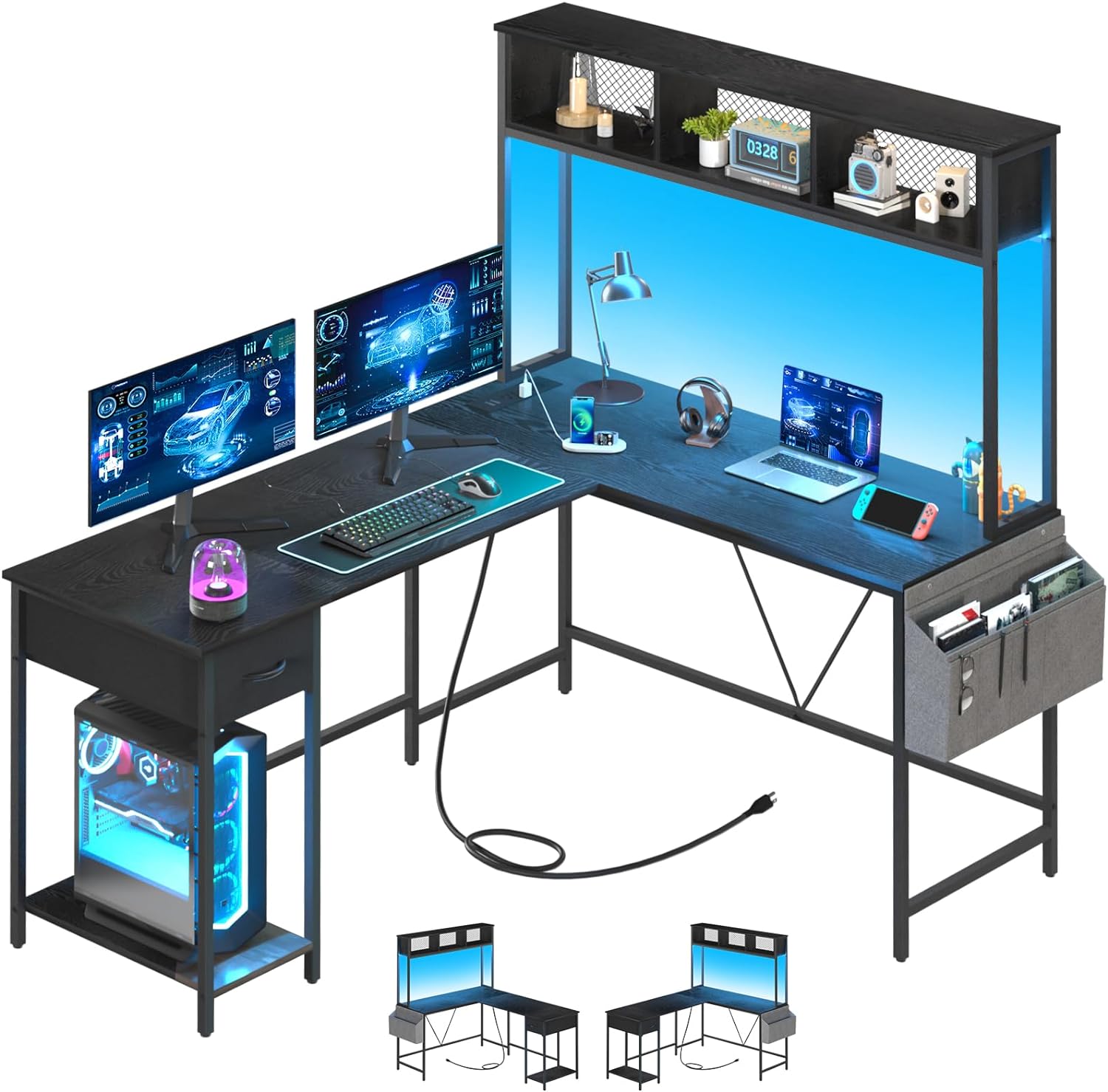 Yoobure L Shaped Desk Gaming Desk with LED Strip & Power Outlet, Reversible L-Sh...