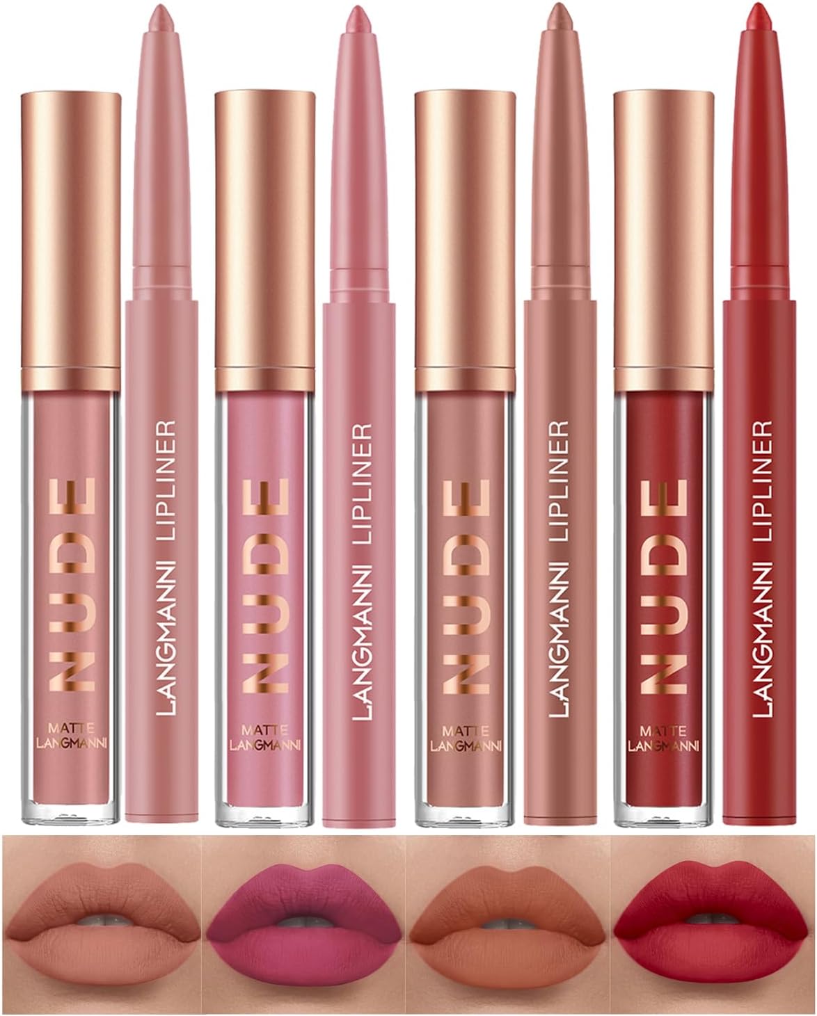 LANGMANNI 4pcs Matte Lipstick with Lipliners Durable Makeup Set,Long-Lasting Non...