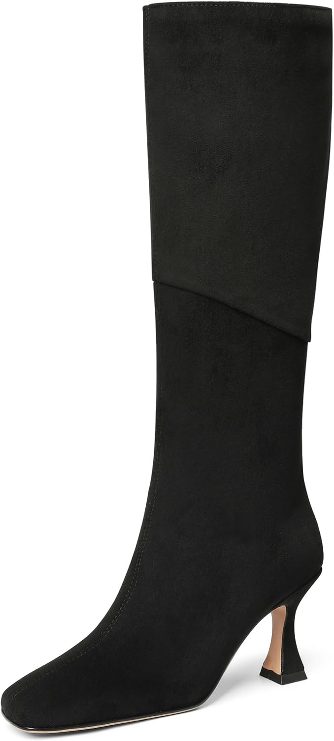 CYNLLIO Knee High Boots Women Square Toe Kitten High Heel Tall Boots Fashion Sid...
