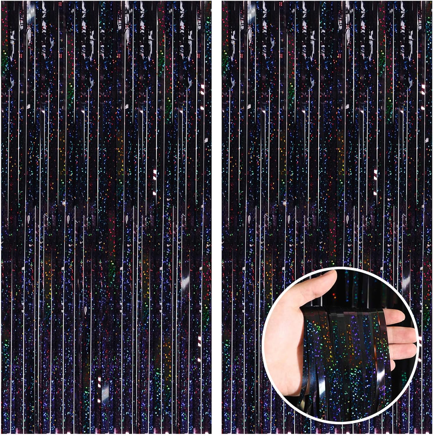 CANREVEL 2 Pack 3.3x8.2 Feet Laser Black Foil Fringe Backdrop Curtains, Tinsel S...