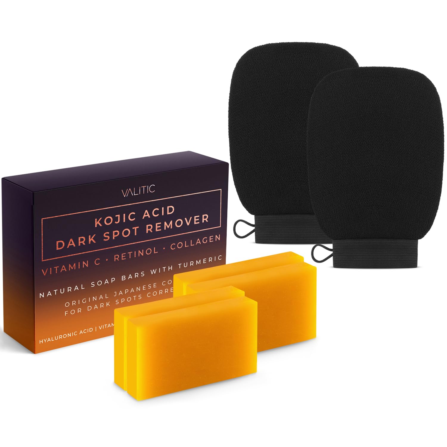 Valitic 4 Pack Kojic Acid Dark Spot Corrector Soap Bars with Vitamin C, Retinol,...