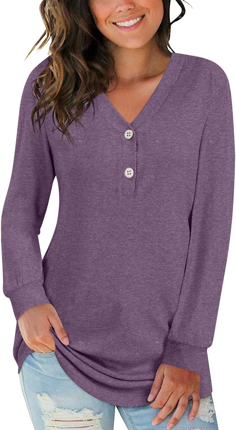 BISHUIGE Womens Button T-Shirts Long Sleeve Henley Tunic Tops V-Neck Casual Swea...