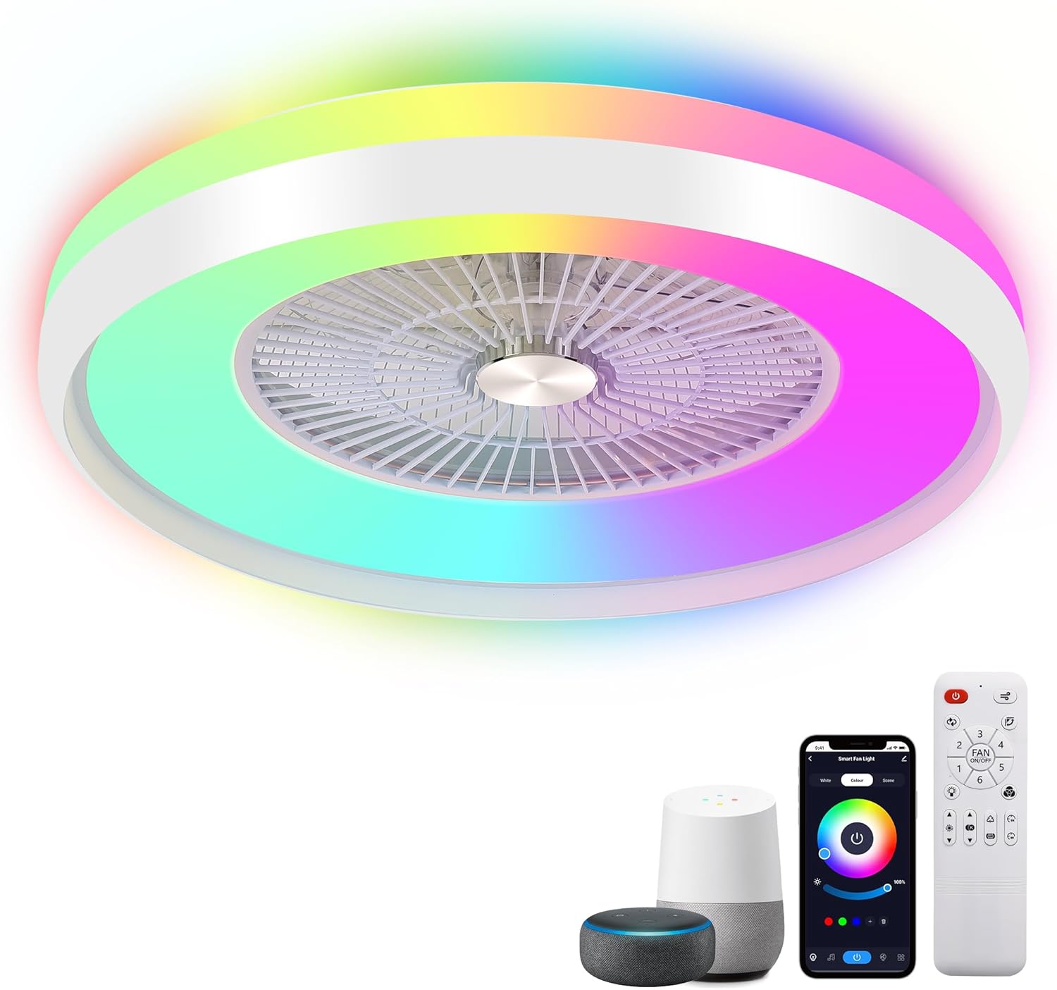 24" Bladeless Ceiling Fan with Light, Low Profile Ceiling Fan with Remote/APP/Vo...