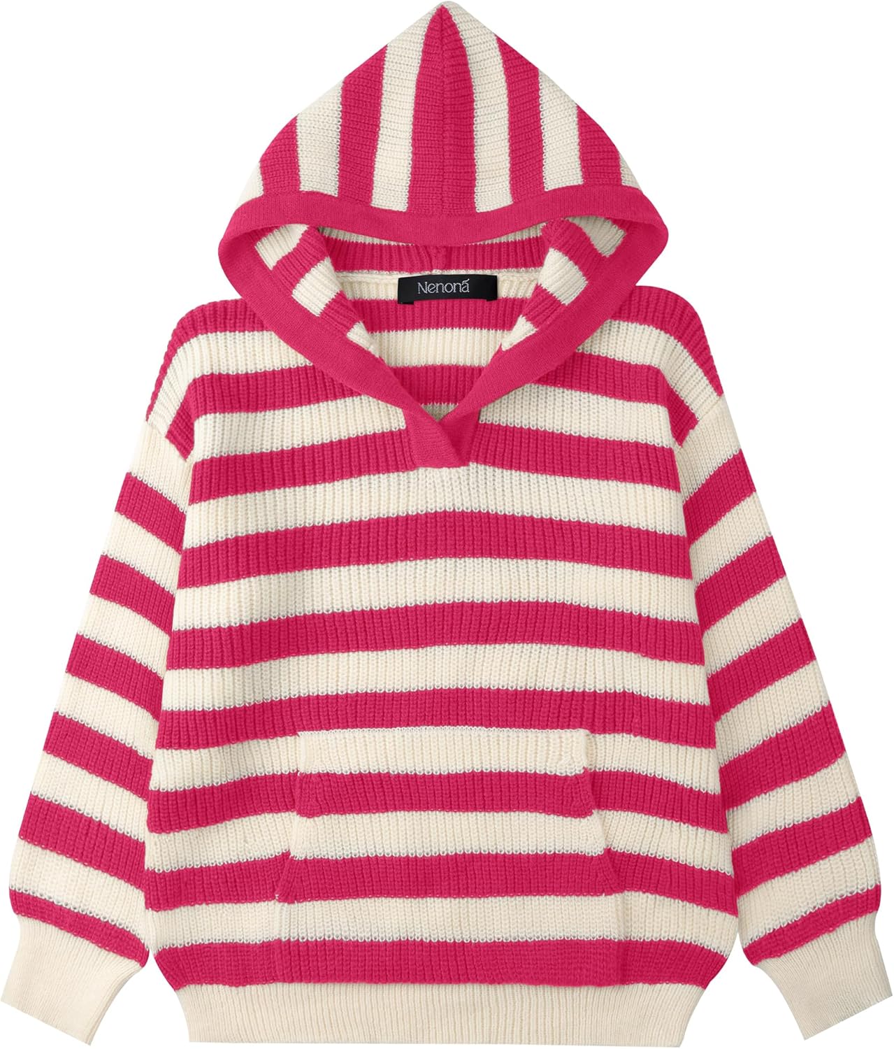 NENONA Women's Oversized Chunky Knit Hoodie Fall Sweater Long Sleeve V Neck Stri...