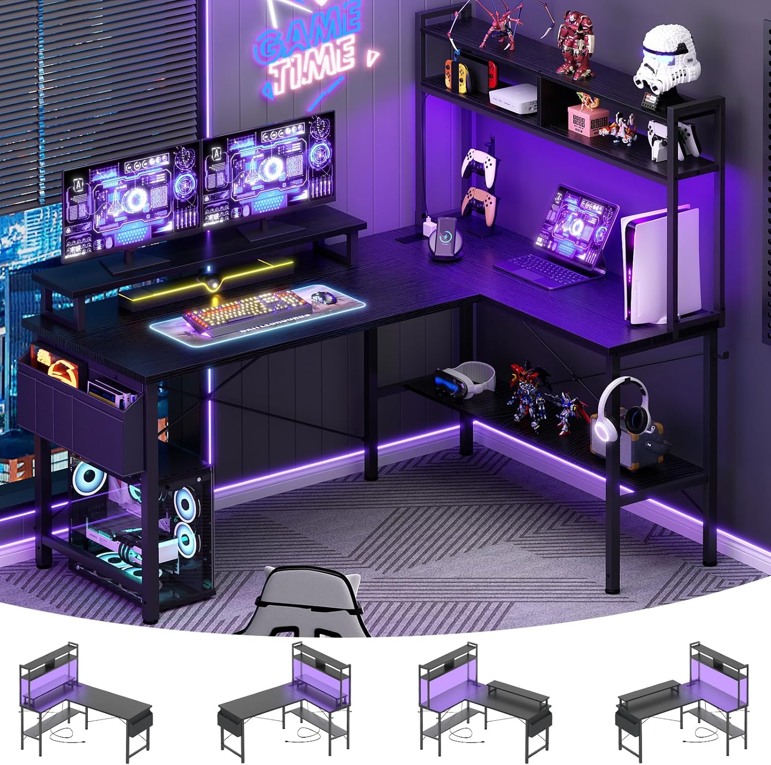 Aheaplus L Shaped Gaming Desk with Power Outlets & LED Lights, Small L- Shaped D...