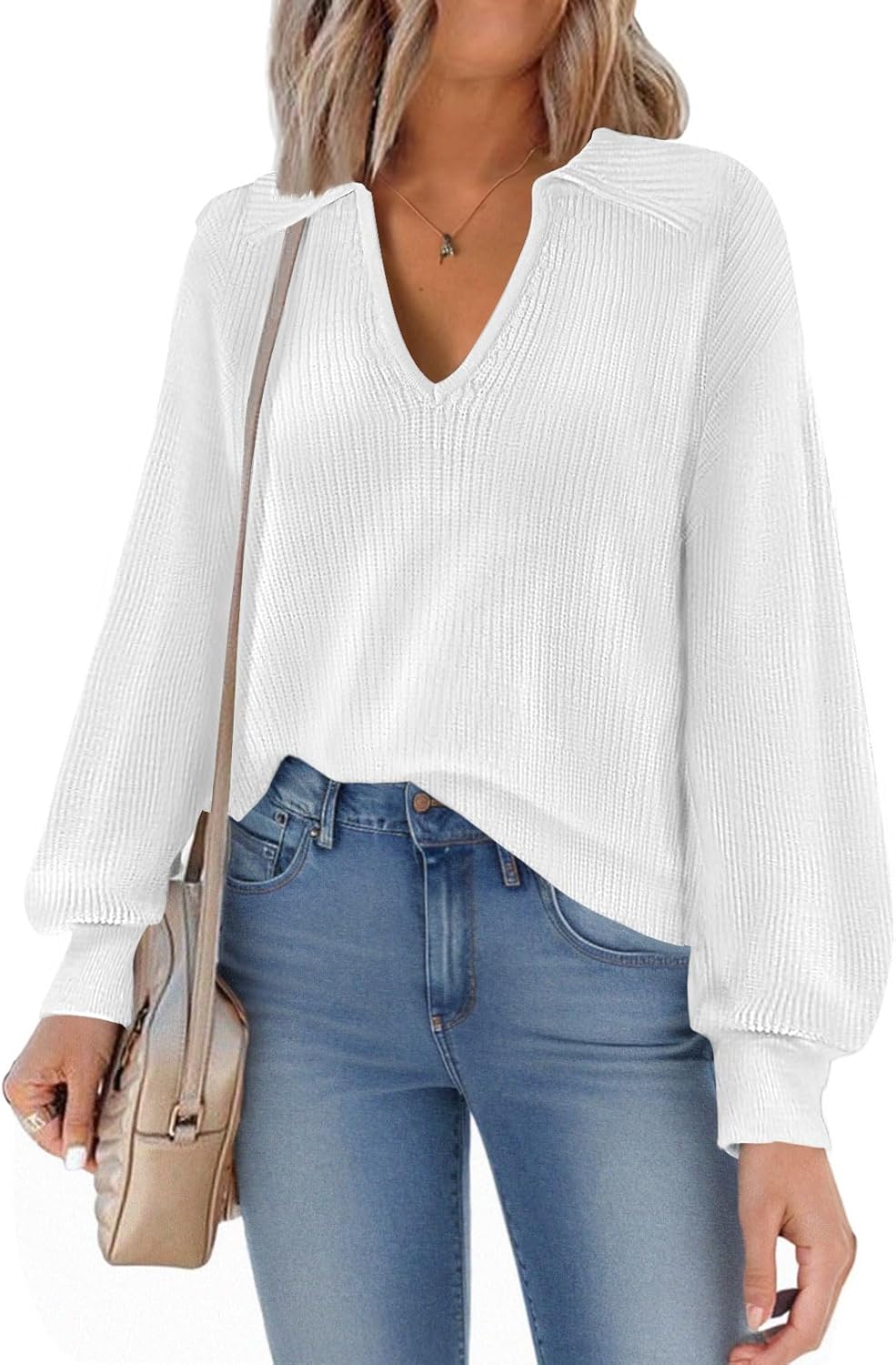 Womens Sweater Lapel V Neck Long Sleeve Classic Jumper Polo Collar Top Knit Casu...