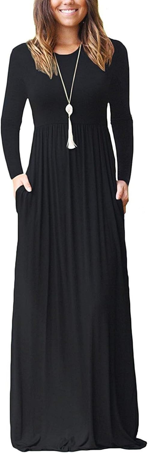 AUSELILY Women's Long Sleeve Dress Loose Plain Long Casual Maxi Dresses with Poc...