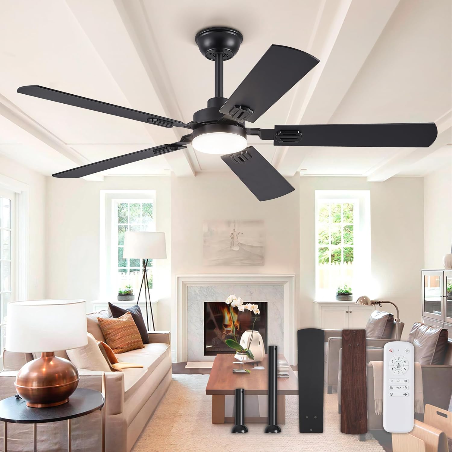 52" Ceiling Fans with Lights, Black Modern Ceiling Fan with Remote, Farmhouse In...
