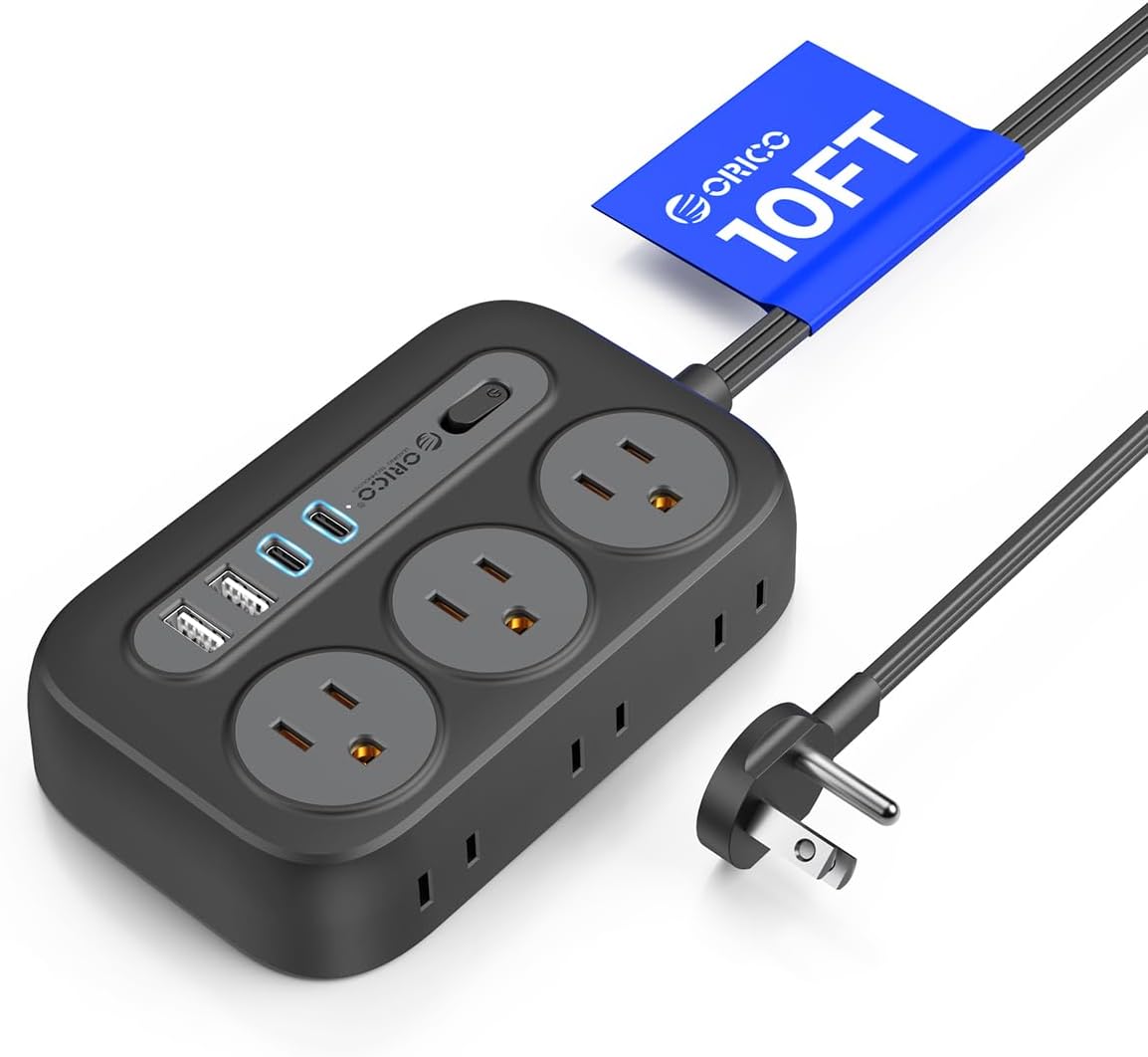 Flat Extension Cord 10 ft, Power Strip Long Cord with 4 USB Ports (2 USB C), Lon...