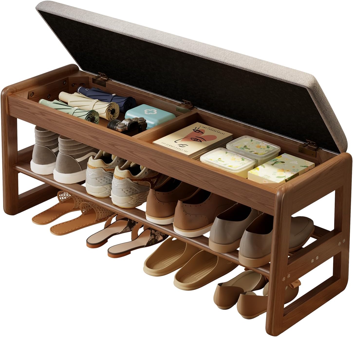Shoe Rack Bench with Cushion,2 Tiers Shoe Bench with Flip-Open Storage Box,Wood...