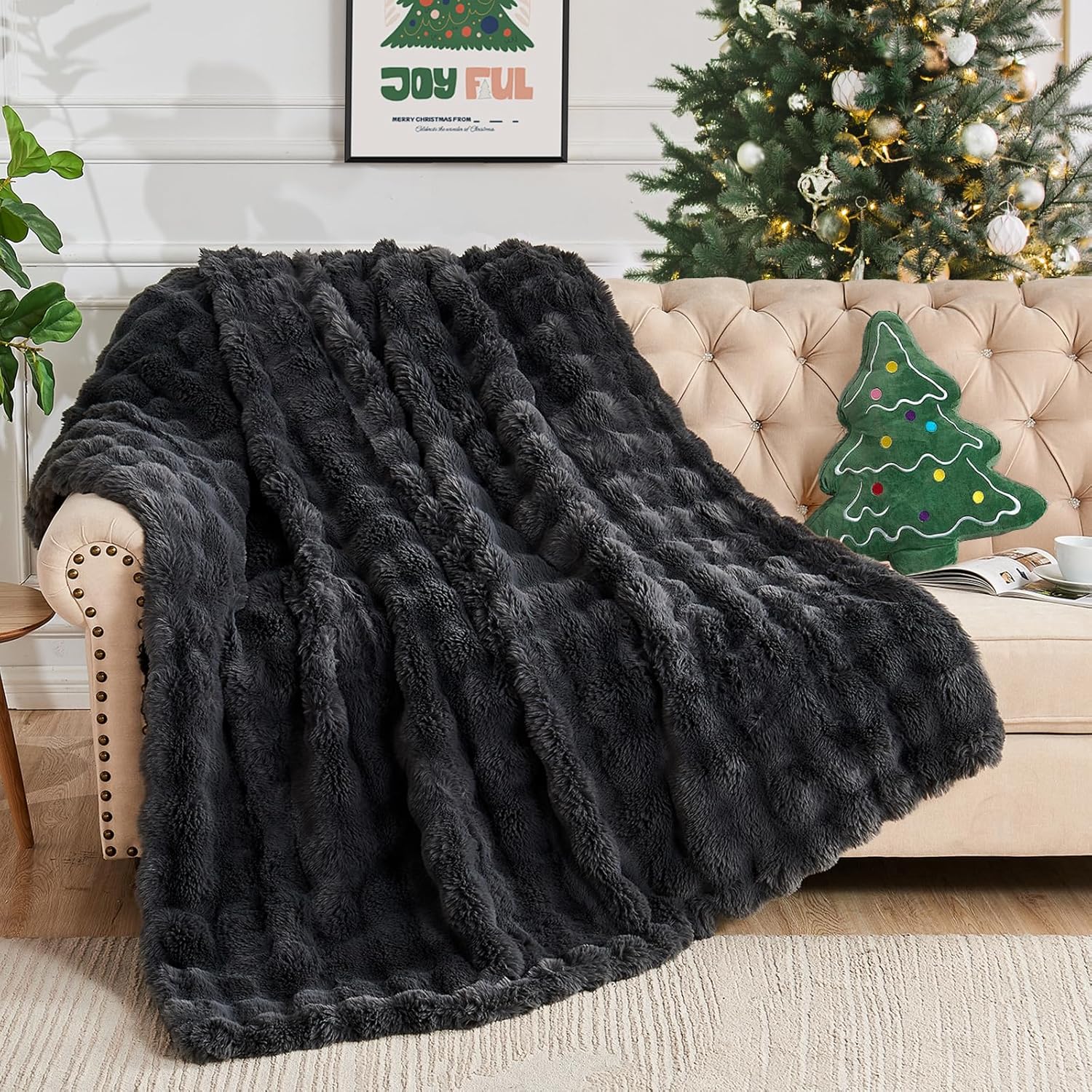 Lotus Karen King Size Faux Fur Blanket Dark Gray - Big Bubble Rabbit Fluff Blank...