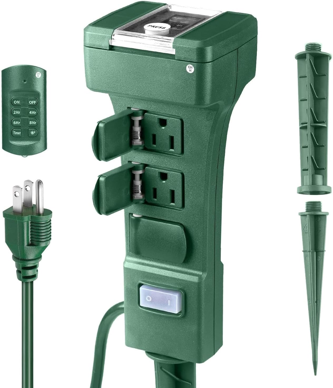 Outdoor Power Stake Timer, 24 Hour Light Timers with Remote Control, 6 Outlet Co...