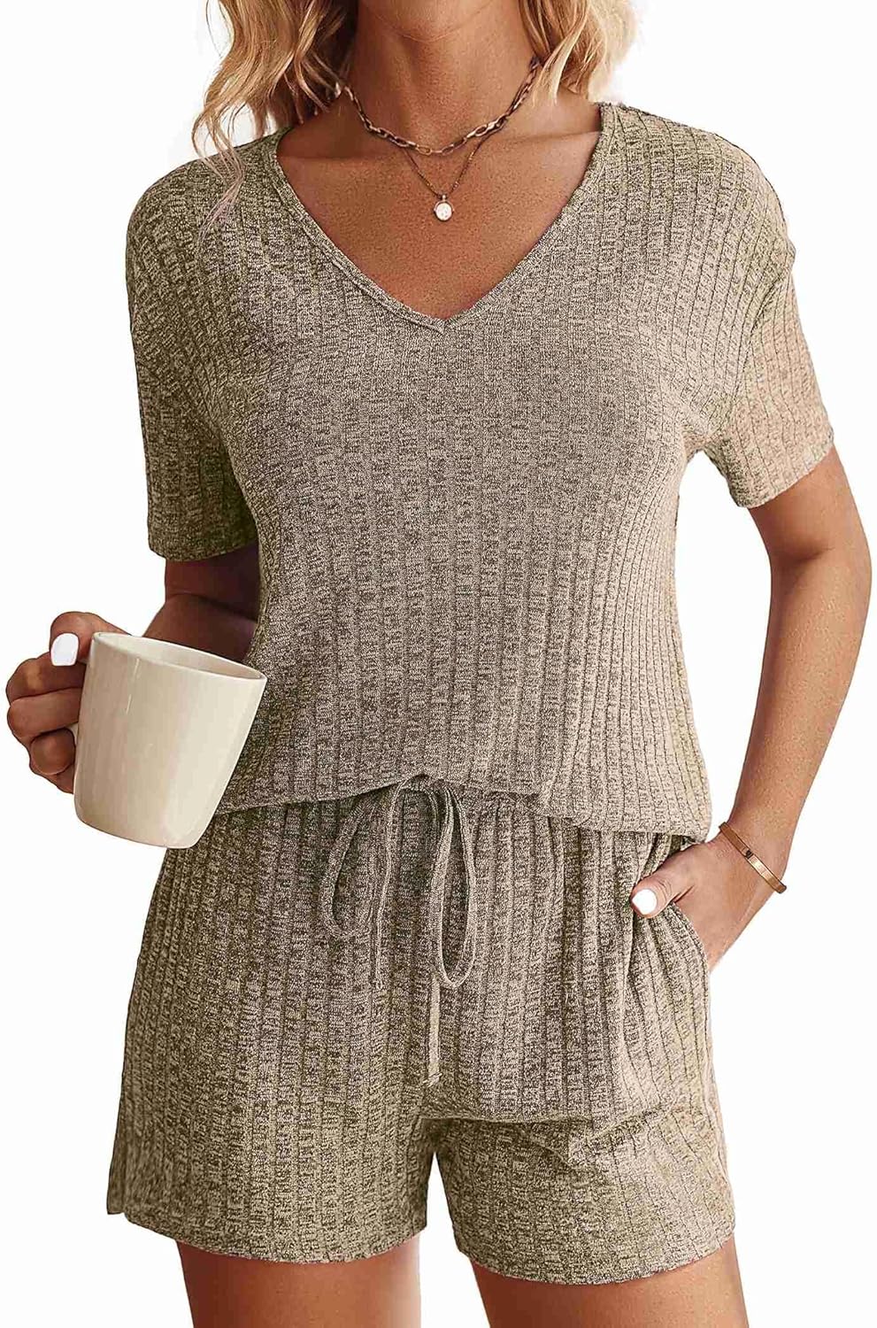 Ekouaer Womens Lounge Set, Special Ribbed Knit Lounge Set Short Sleeve Top and S...