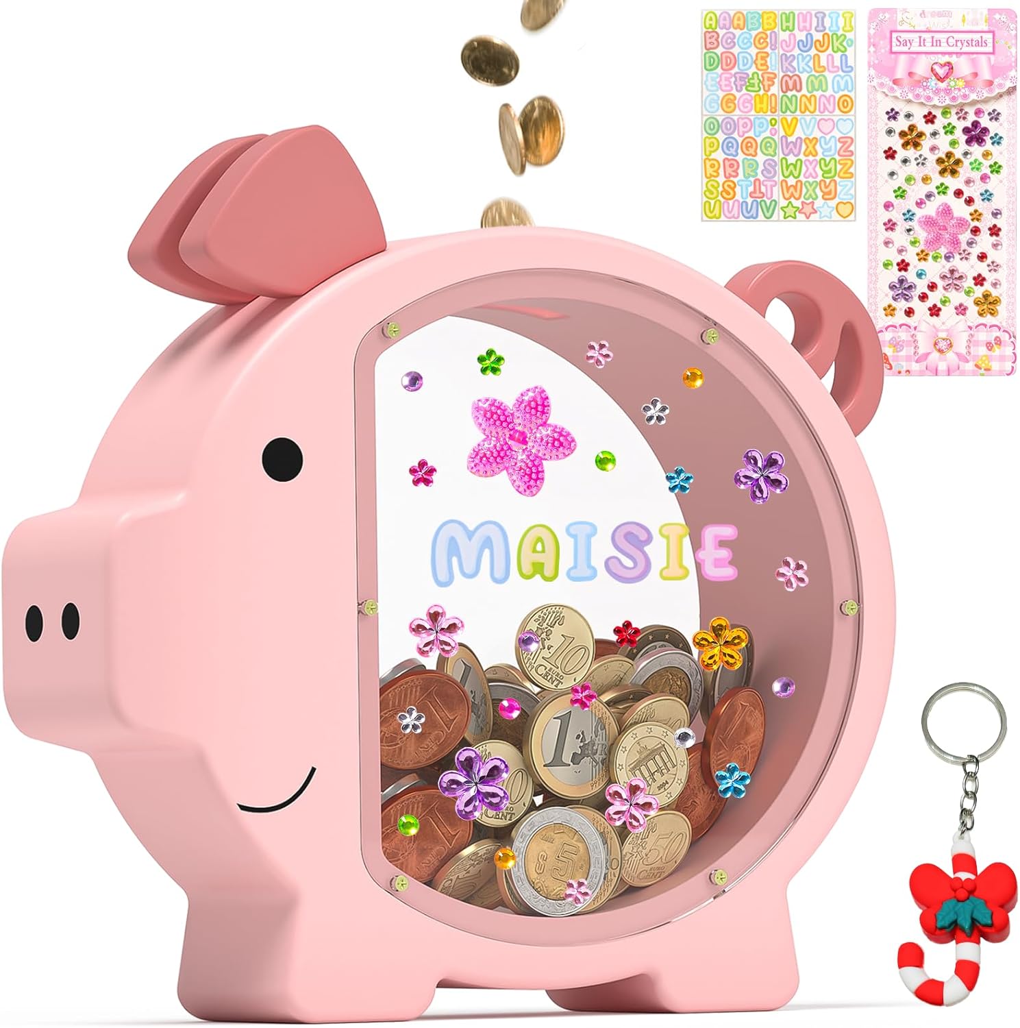 Summidate Pink Piggy Bank Girls, Unbreakable Wooden Piggy Bank for Kids, Cute Pe...