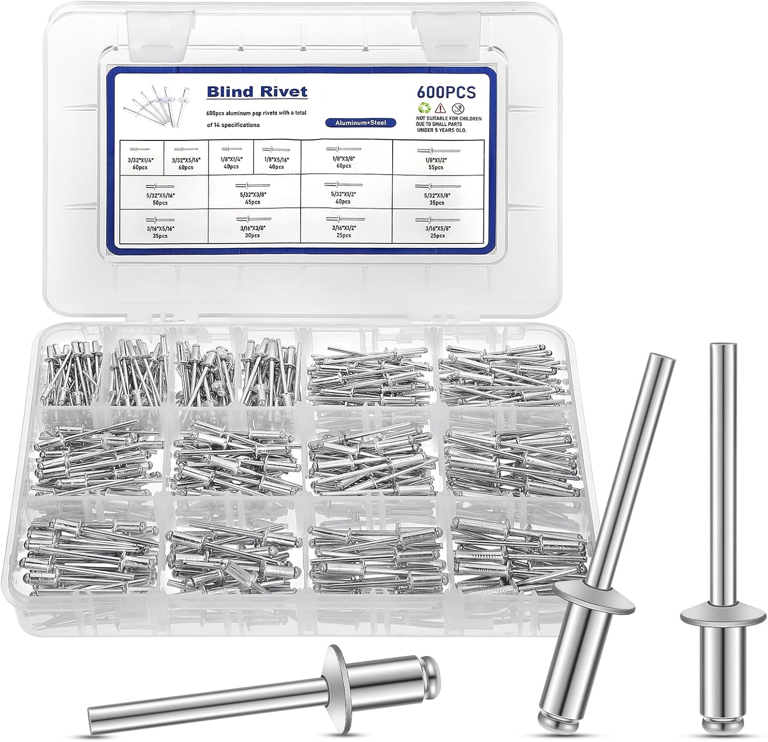 600 Pcs 14 Size Rivets Pop Rivets Assortment Kit Aluminum Rivets (3/32" 1/8" 5/3...