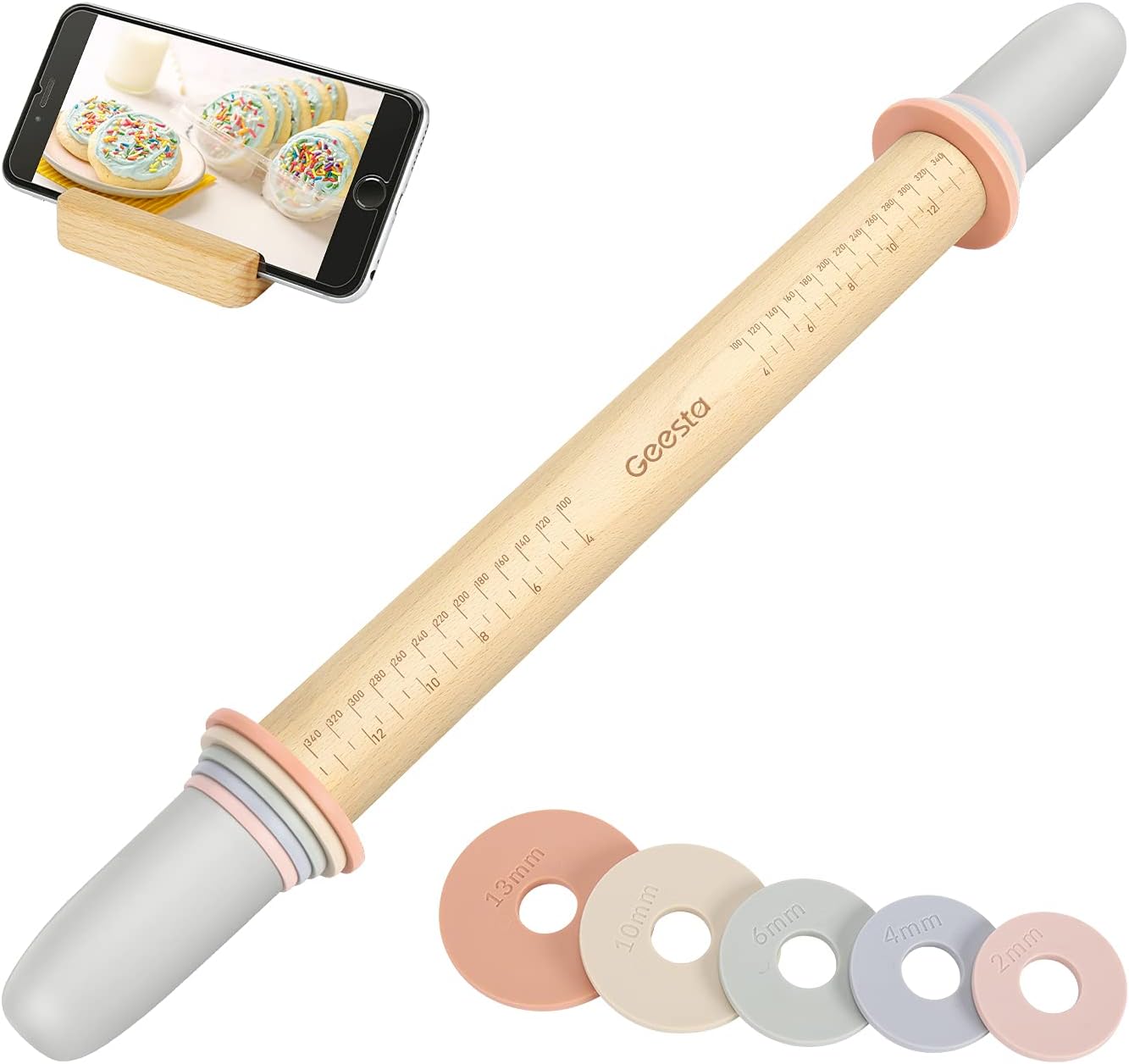 Geesta Adjustable Wood Rolling Pin with 5 Thickness Rings, Precise Dough Roller...