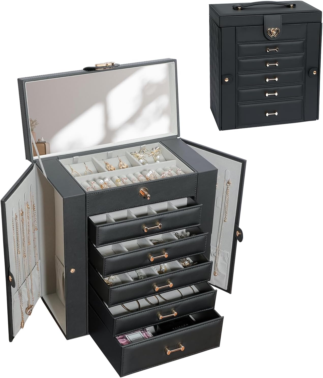 Large Jewelry Box,Jewelry Organizer Box with 5 Drawers,6-Tier Jewelry Holder Org...