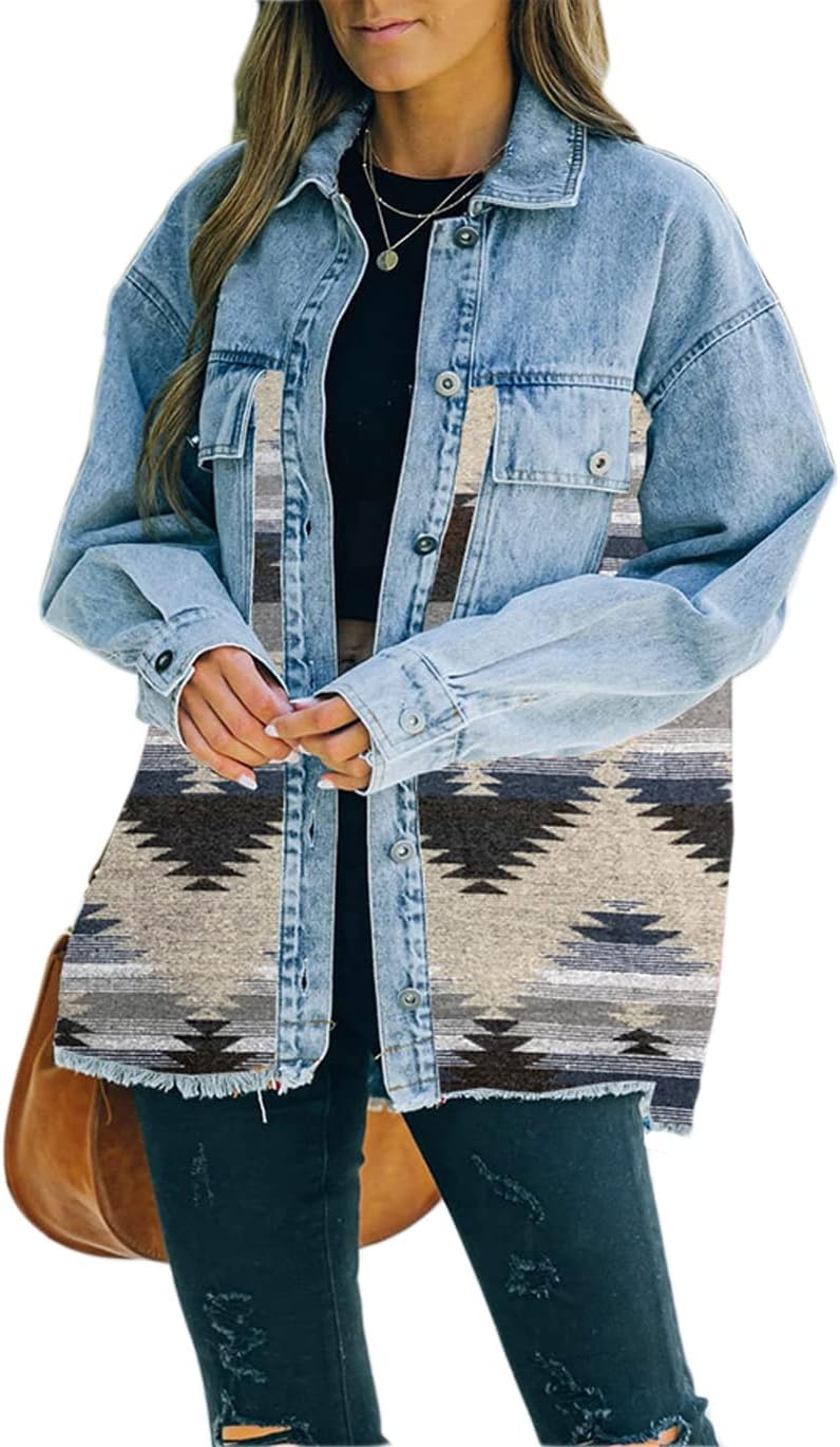 Haellun Women's Aztec Shacket Distressed Lapel Long Sleeve Button Down Jean Deni...