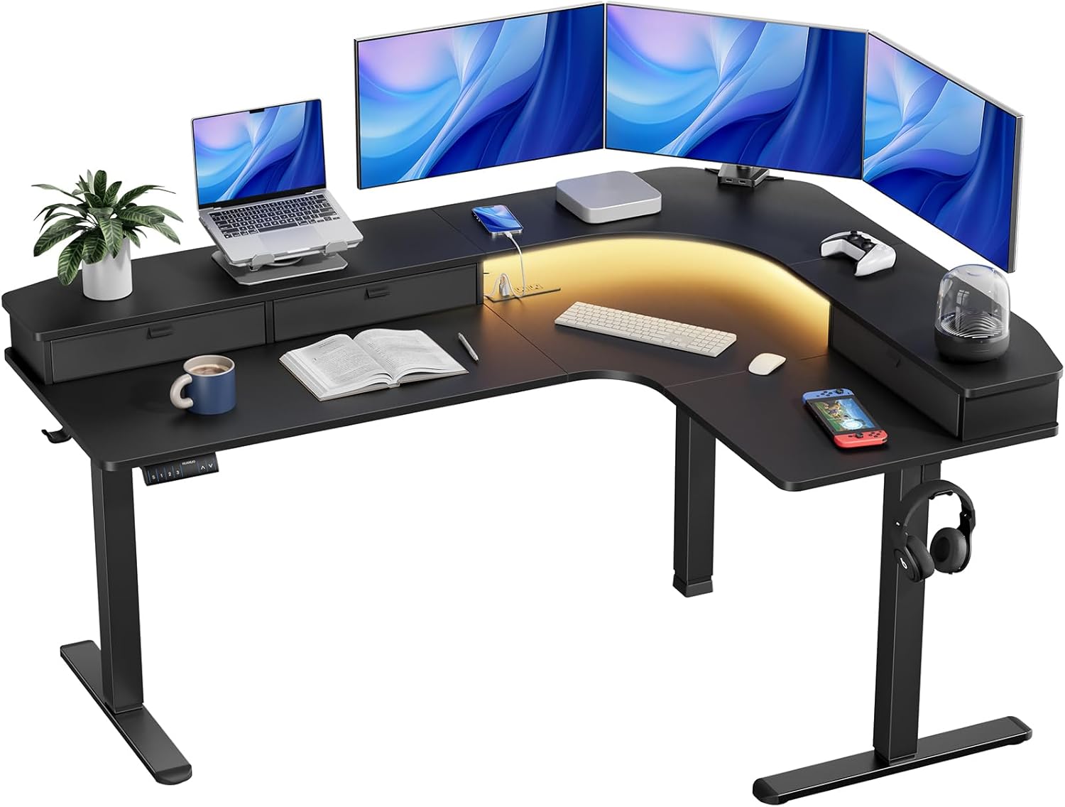 HUANUO 65″ L-Shaped Standing Desk with Power Outlets & LED Strip, Support C-Clam...
