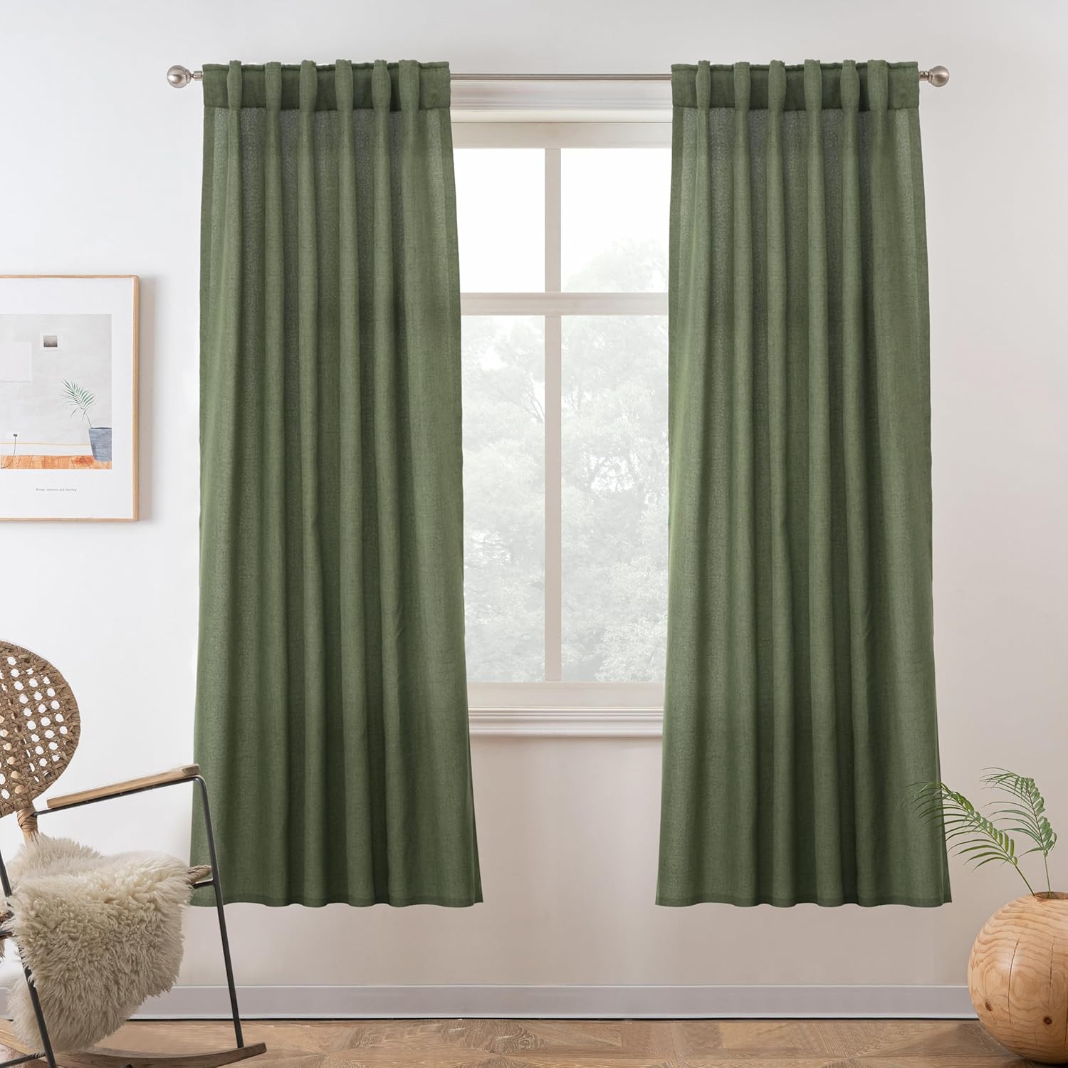 DriftAway Green Linen Curtains 63 Inches Long for Living Room Thick Semi Sheer 2...