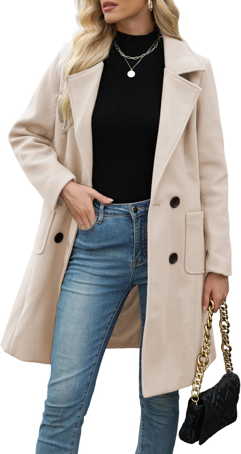 Bankeng Women Winter Wool Blend Camel Mid-Long Coat Notch Double-Breasted Lapel...
