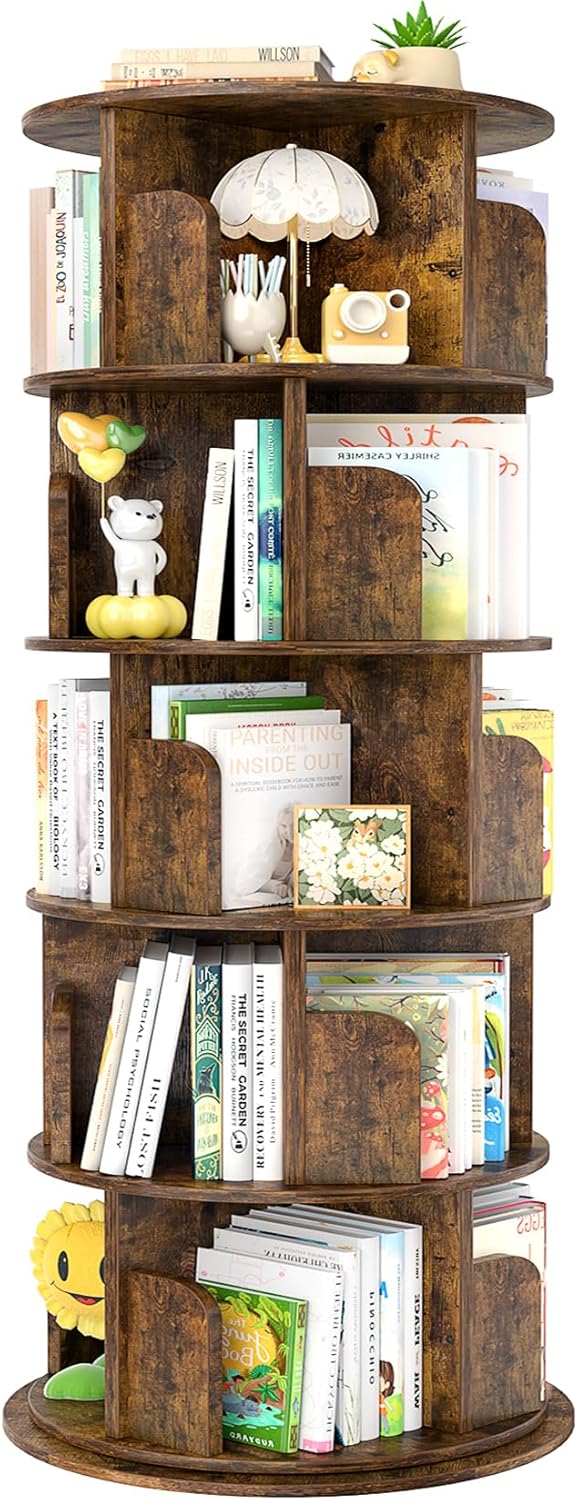Aheaplus Rotating Bookshelf, 360 Display Wood Spinning Bookshelf Tower, 5 Tier F...