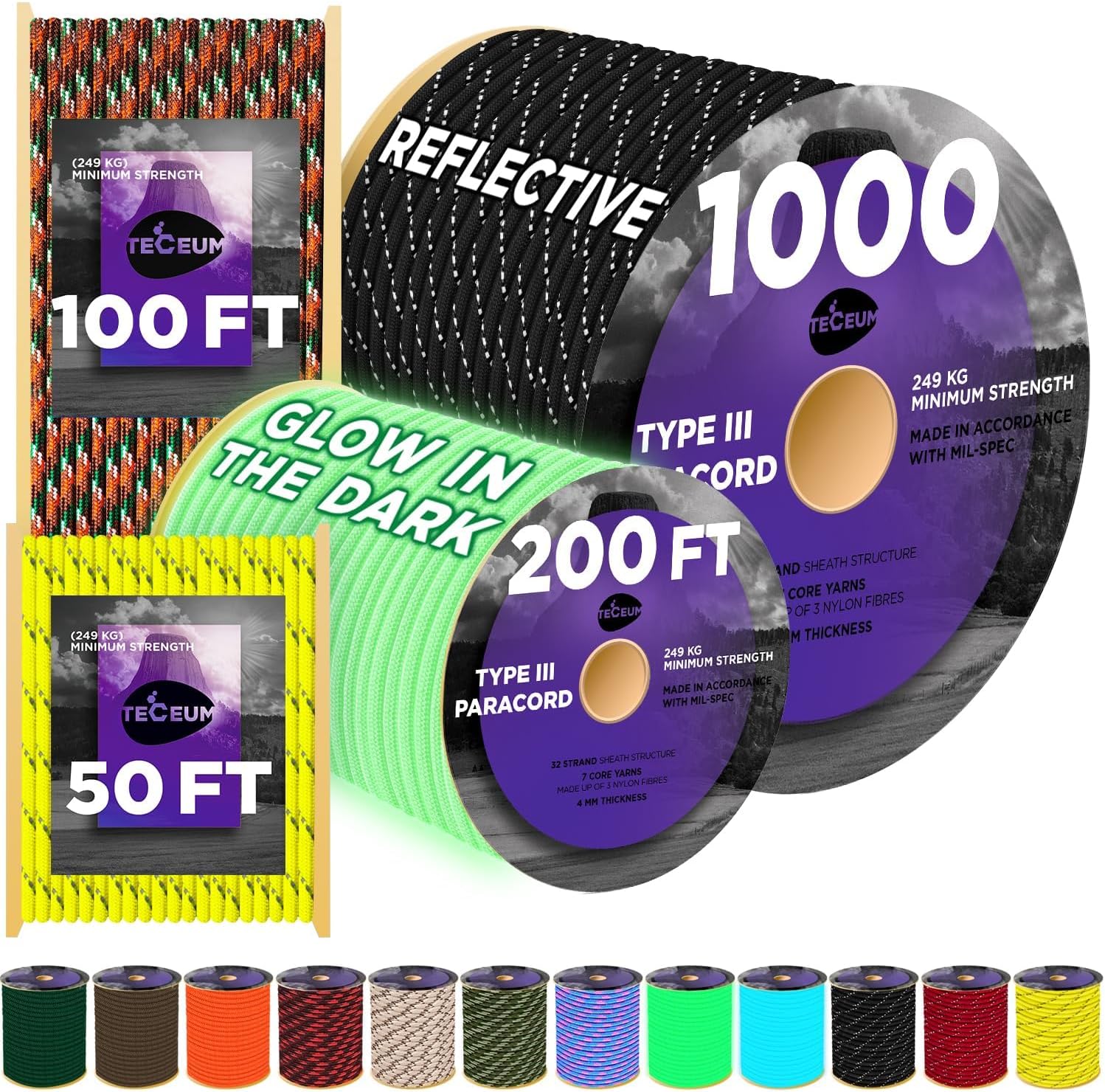 TECEUM Paracord Rope 1000, Special Tactical Parachute Cord, Unique Nylon String...