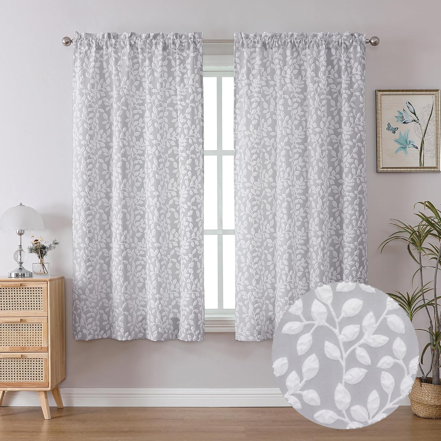 Chyhomenyc Anna White Grey Curtains 63 Inch Length 2 Panels, Light Filtering Sof...