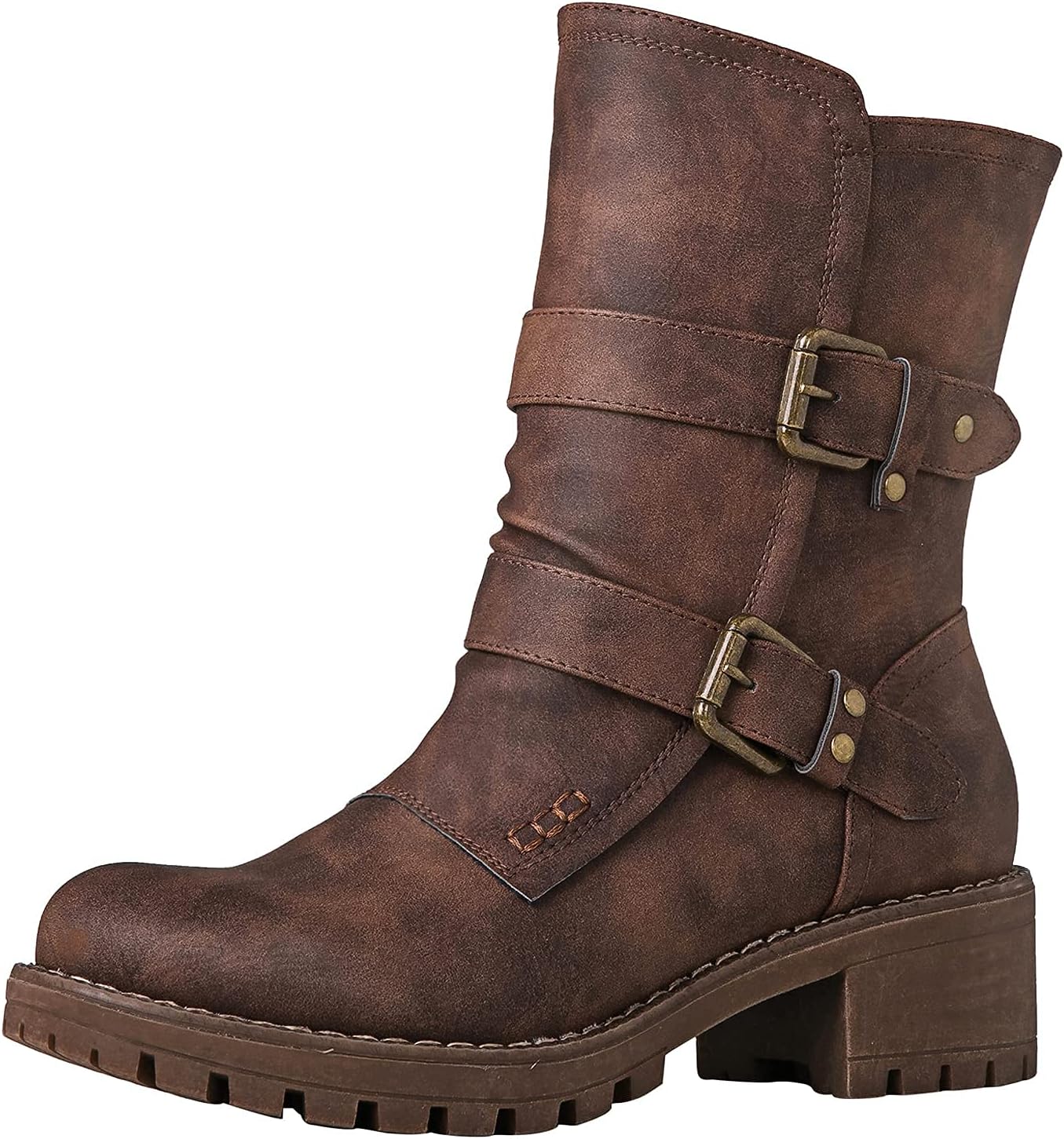 GLOBALWIN Women's Biker Boots Lace up Mid Calf Motorcycle Fashion Festival Boots...