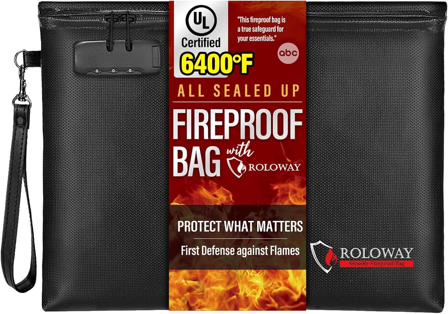ROLOWAY Fireproof Document Bag (14.5 x 11.5 inch), 6400℉ Fireproof Money Bag wit...