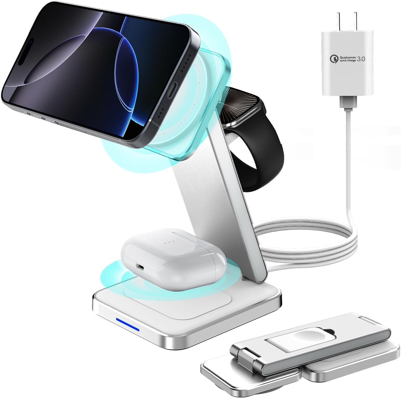 3 in 1 Magnetic Wireless Charger, Special Foldable Mag-Safe Wireless Charging St...
