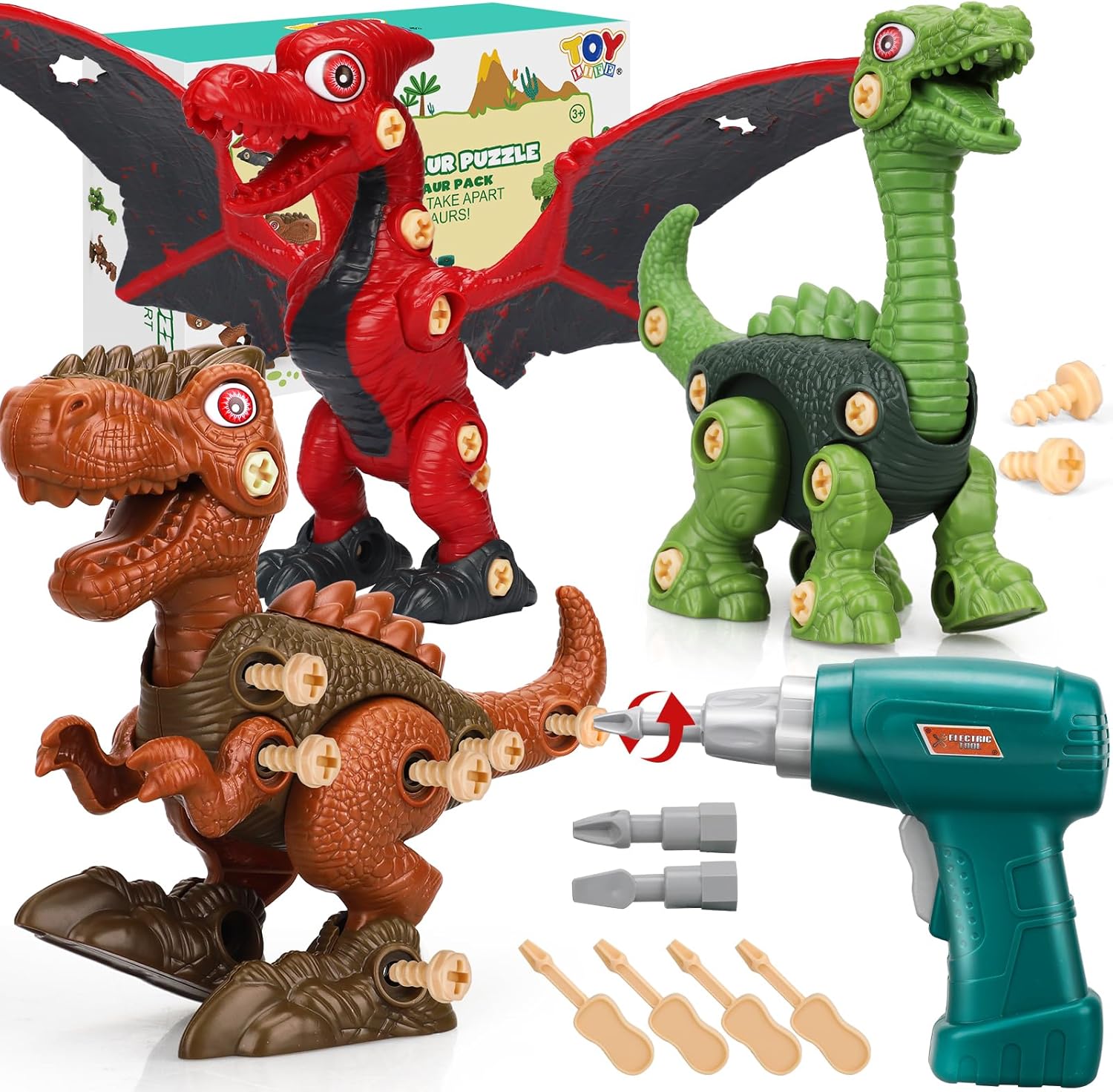 TOY Life 3-Pack Take Apart Dinosaur Toys for Kids 3 5 7 Kids Dinosaur Toys with...