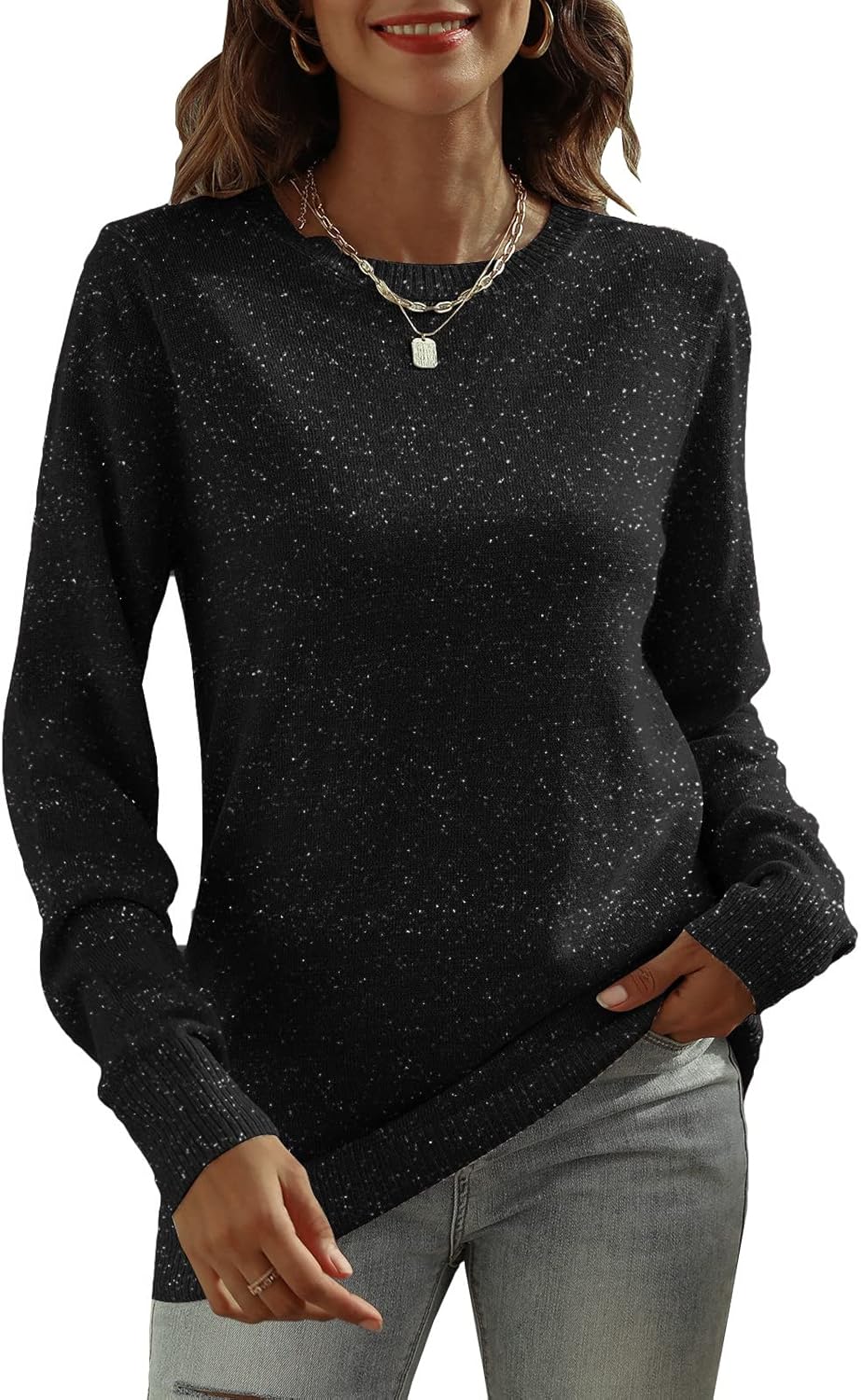 DUTUT Women's Long Sleeve Glitter Tops, Special Crewneck Pullover Sweater for Ba...