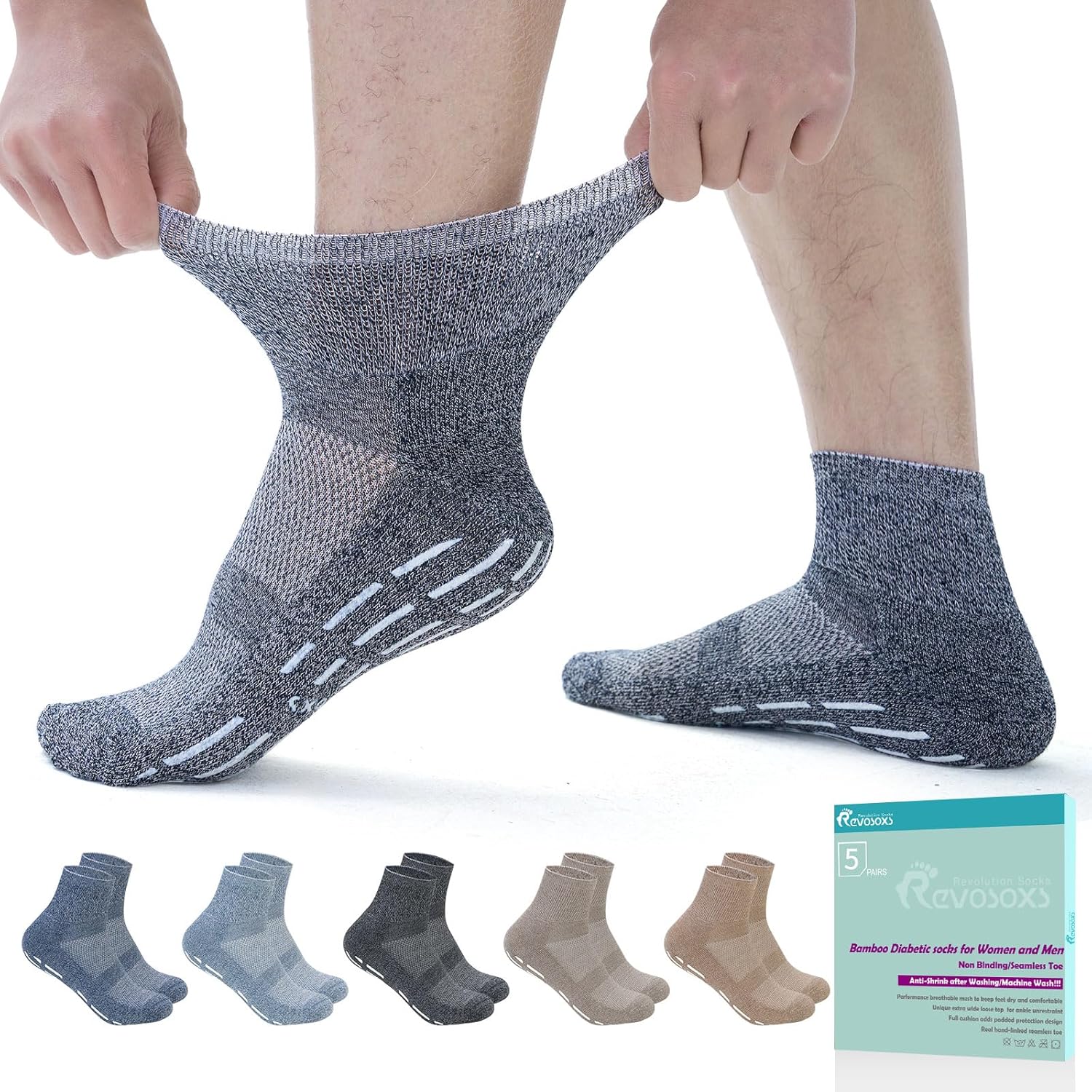 Revosoxs Diabetic Socks with Grippers for Men Women,5 Pairs Socks Size 6-9 9-12...