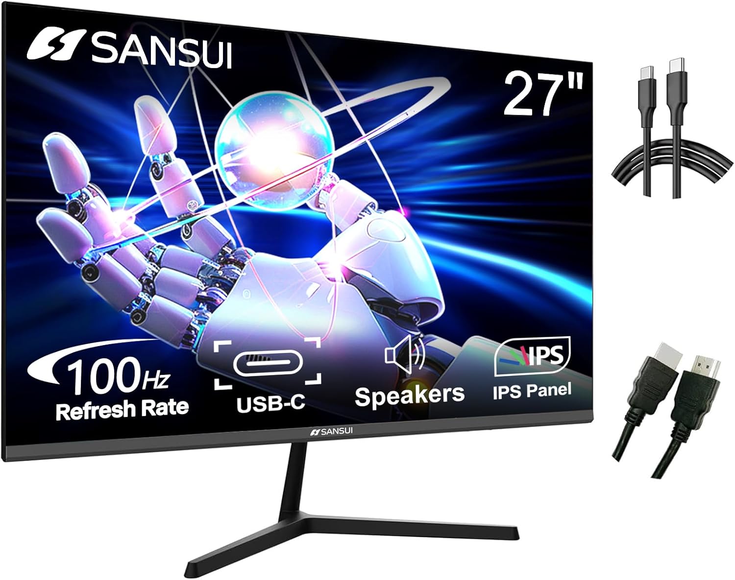 SANSUI Monitor 27 Inch IPS 100Hz Computer Monitor, USB-C FHD HDR Built-in Speake...