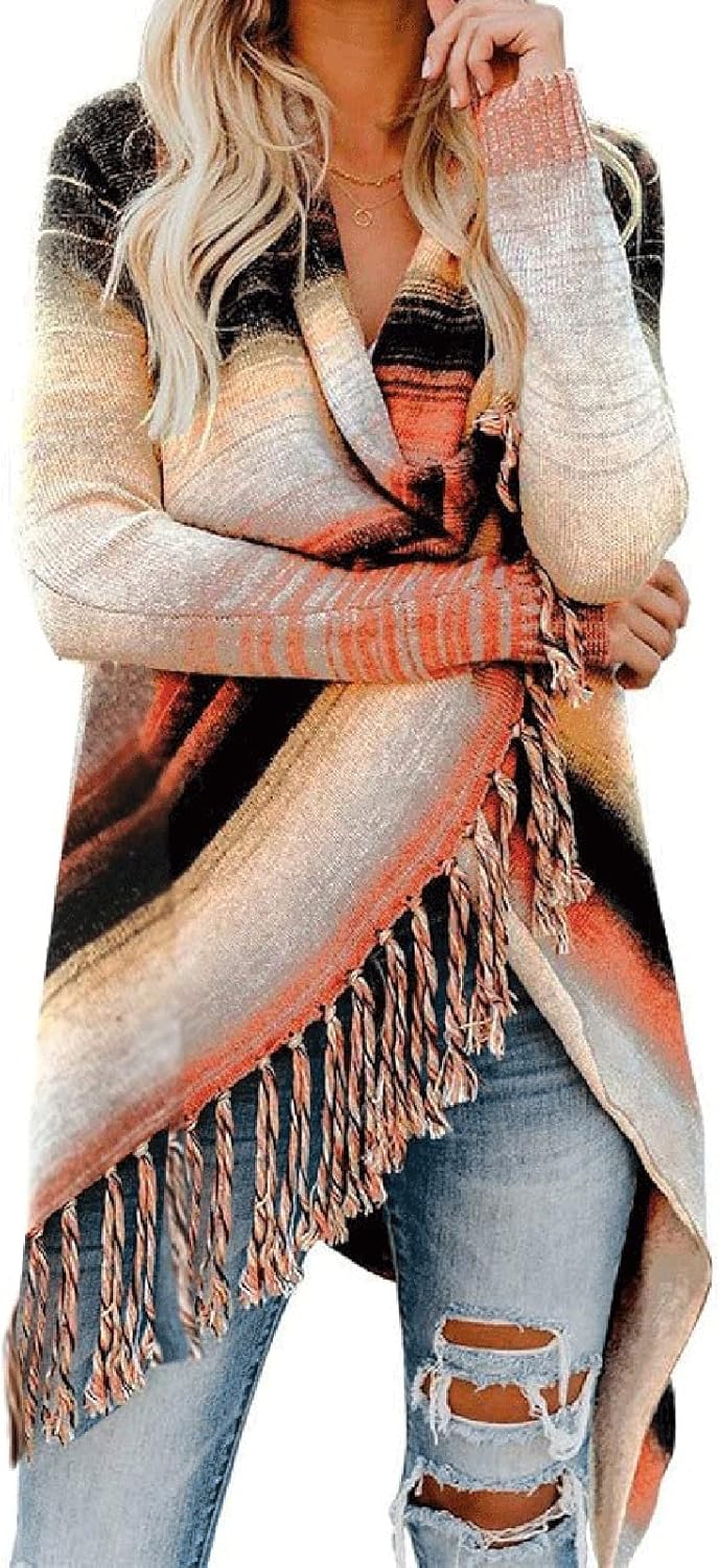 Women's Open Front Knited Tassels Slash Loose Cardigan Crew Neck Speckled Fringe...