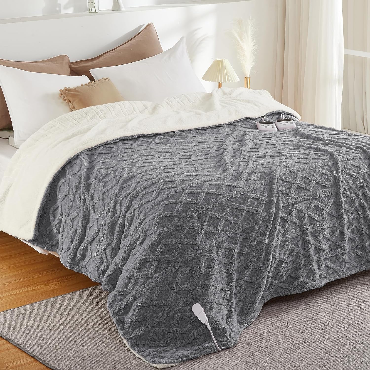 CAROMIO Electric Blanket King Size Dual Control - Thick Tufted Sherpa Heated Bla...