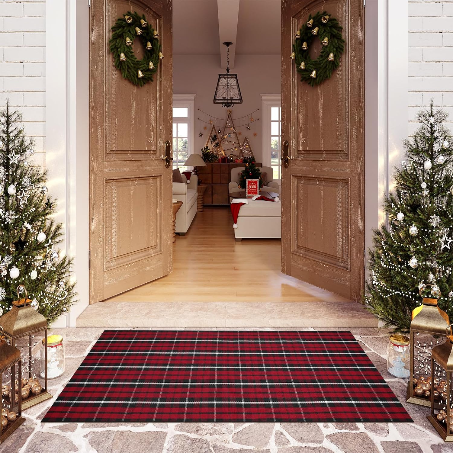 OJIA Washable Outdoor Rug 3'x5', Christmas Door Mats Outdoor Area Rug Red Plaid...