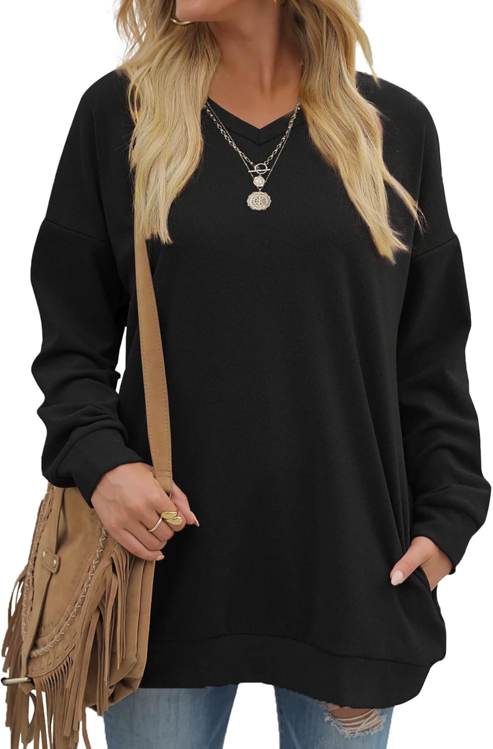 OFEEFAN Women's Sweatshirts V Neck Oversized Long Sleeve Pockets Top 0-black XX-...
