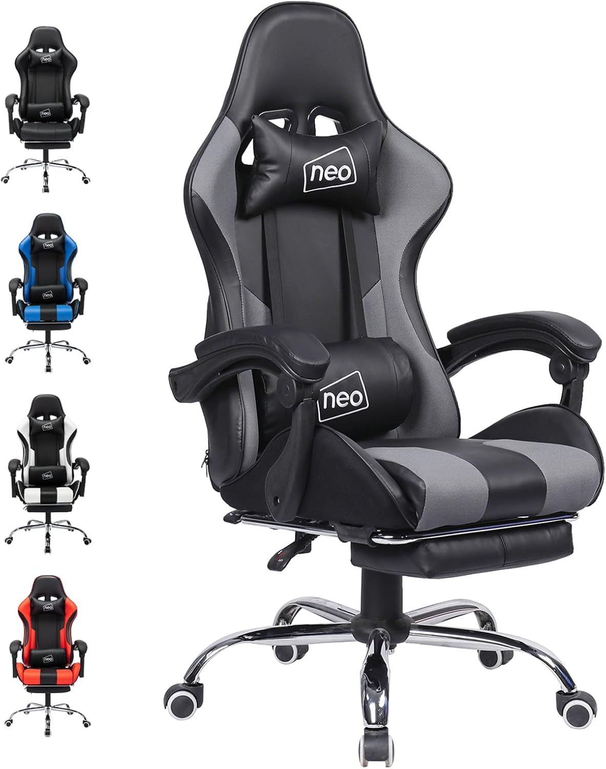 Neo Leather & Fabric Gaming Racing Chair Footrest, Headrest and Lumbar Massage,...