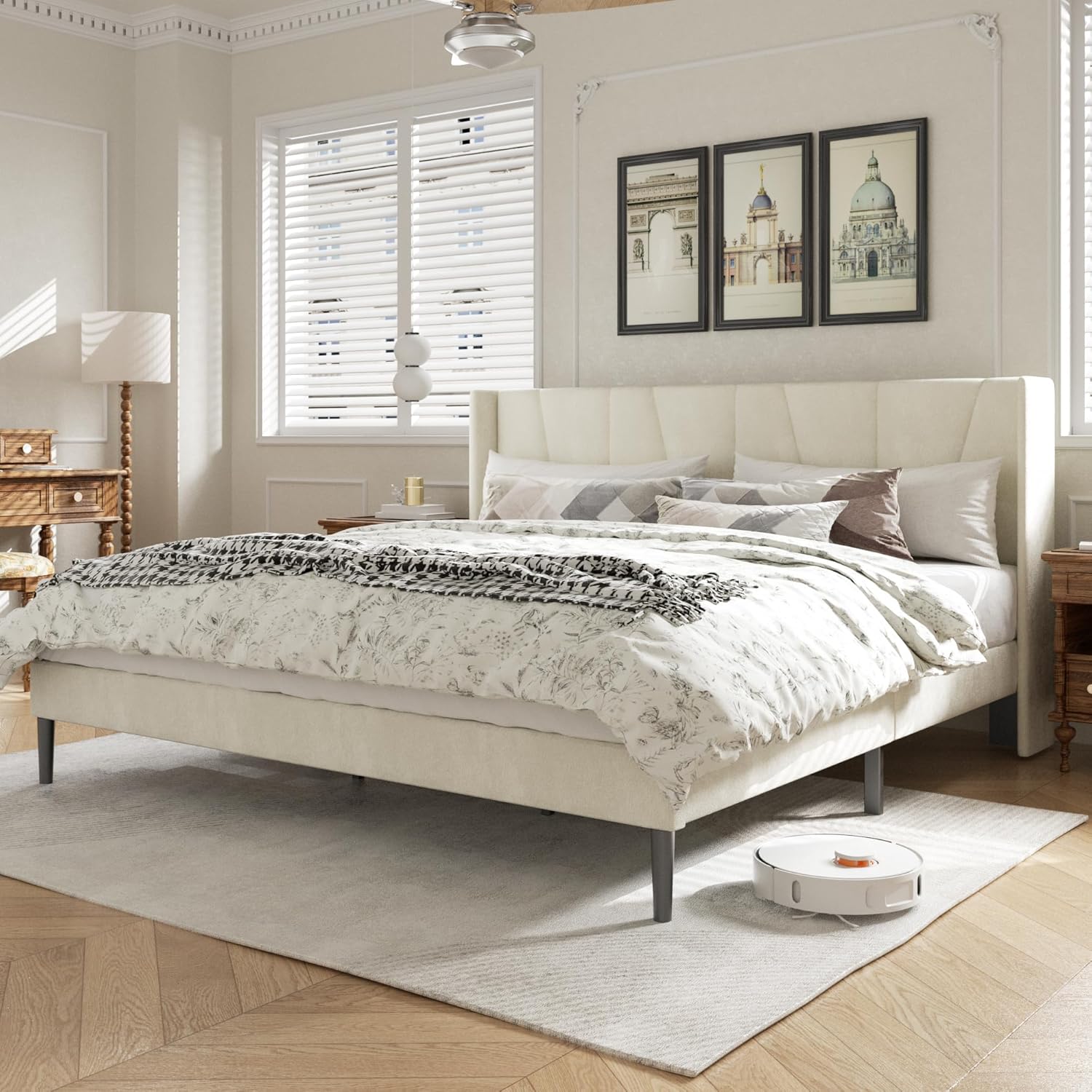 King Bed Frame with Headboard, Velvet Upholstered Platform Bed Frames, Contempor...