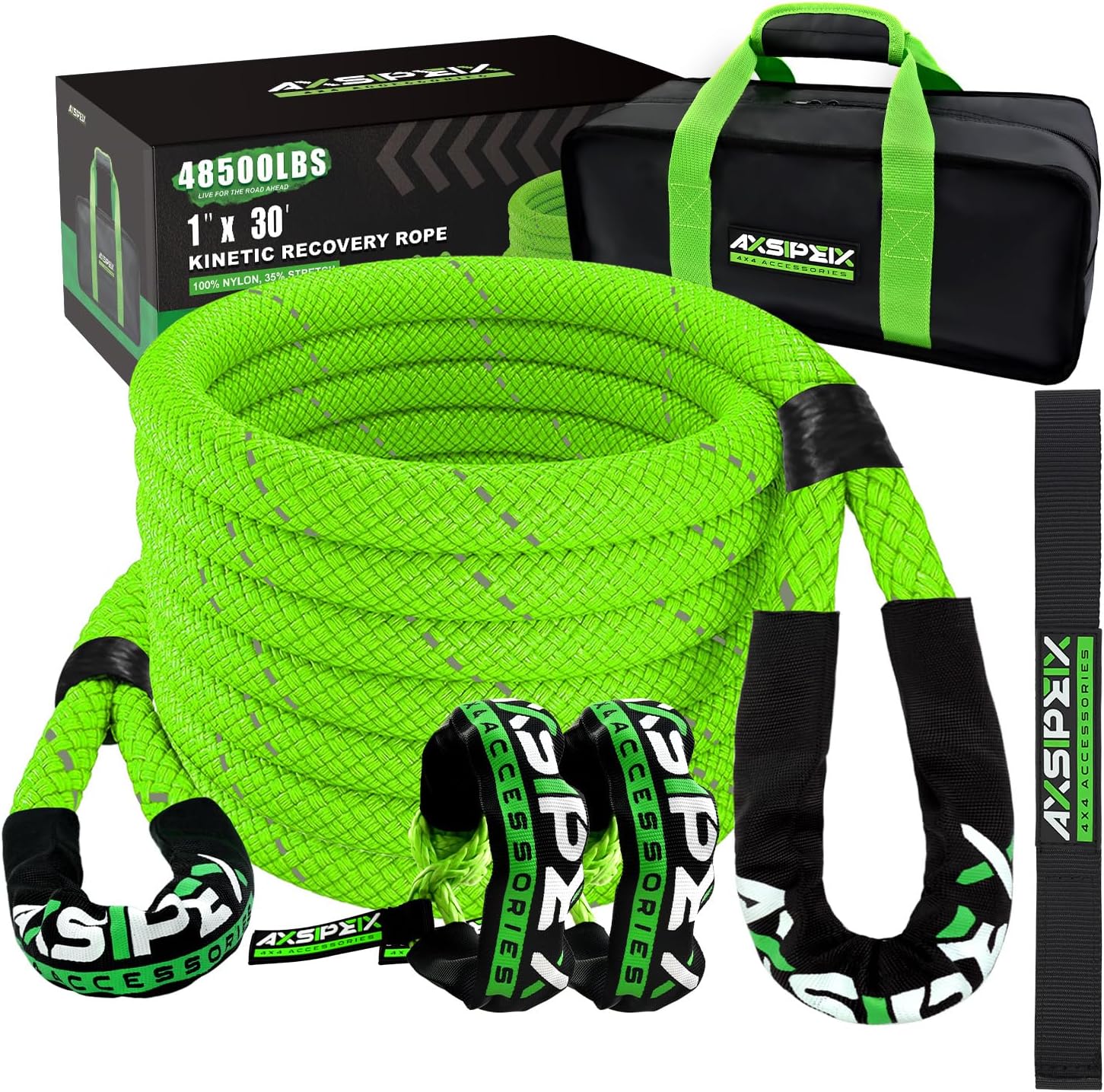 1"×30ft Kinetic Recovery Rope (48,500lbs) Heavy Duty Offroad Recovery Rope with...