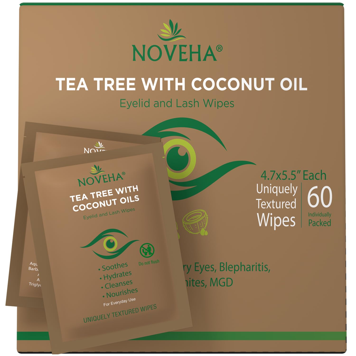 NOVEHA Tea Tree & Coconut Oil Eyelid & Lash Wipes | For Demodex, Blepharitis & I...