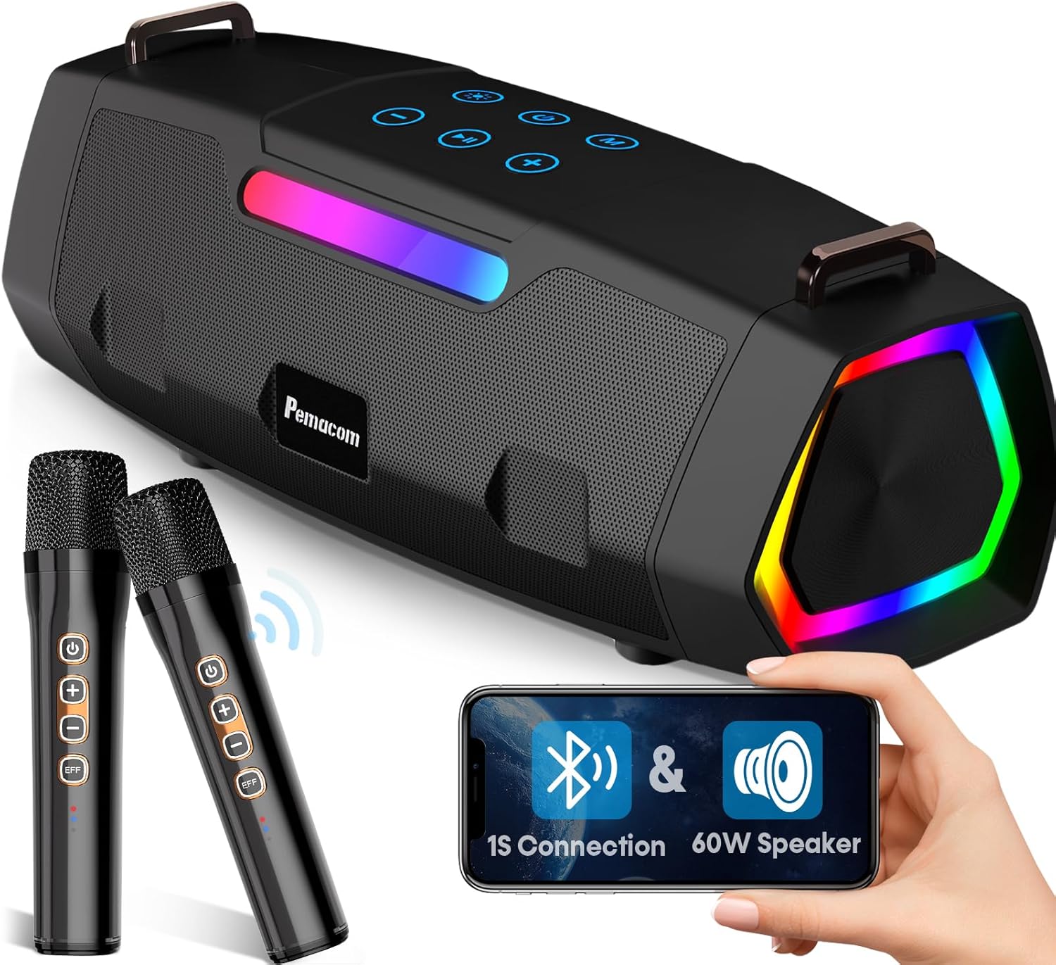 Portable Bluetooth Karaoke Machine - 60W Powerful Speaker with 2 Wireless Microp...