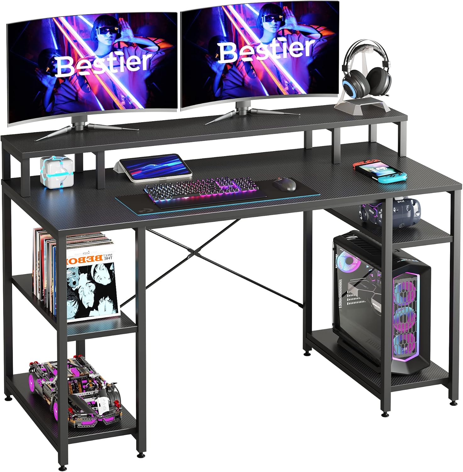 Unique Bestier Gaming Desk, Special Computer Desk with Monitor Shelf, Innovative...