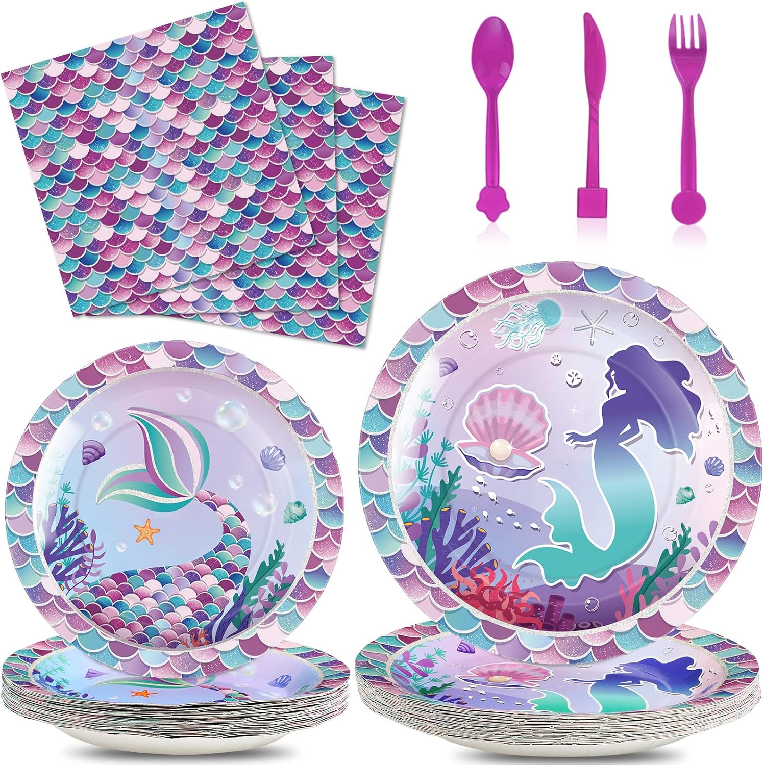 Funrous 150 Pieces Mermaid Plates Set Mermaid Birthday Party Supplies Mermaid Pa...